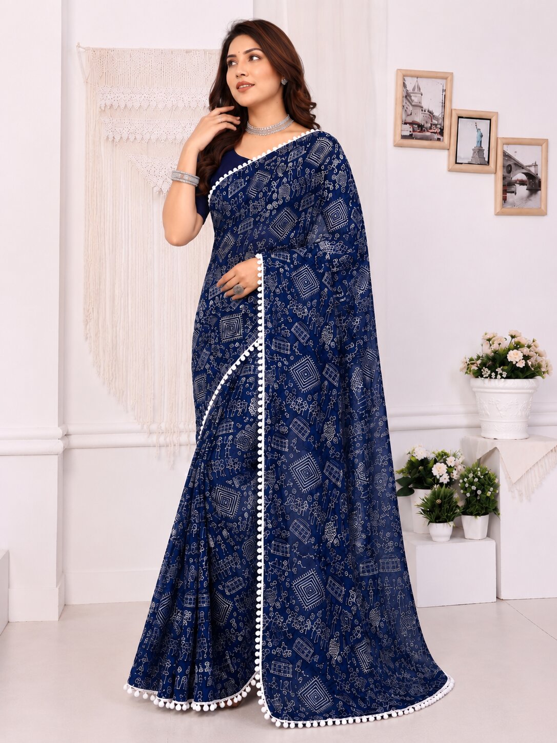 Navy Blue Tribal Print Saree with White Pom-Pom Lace Border