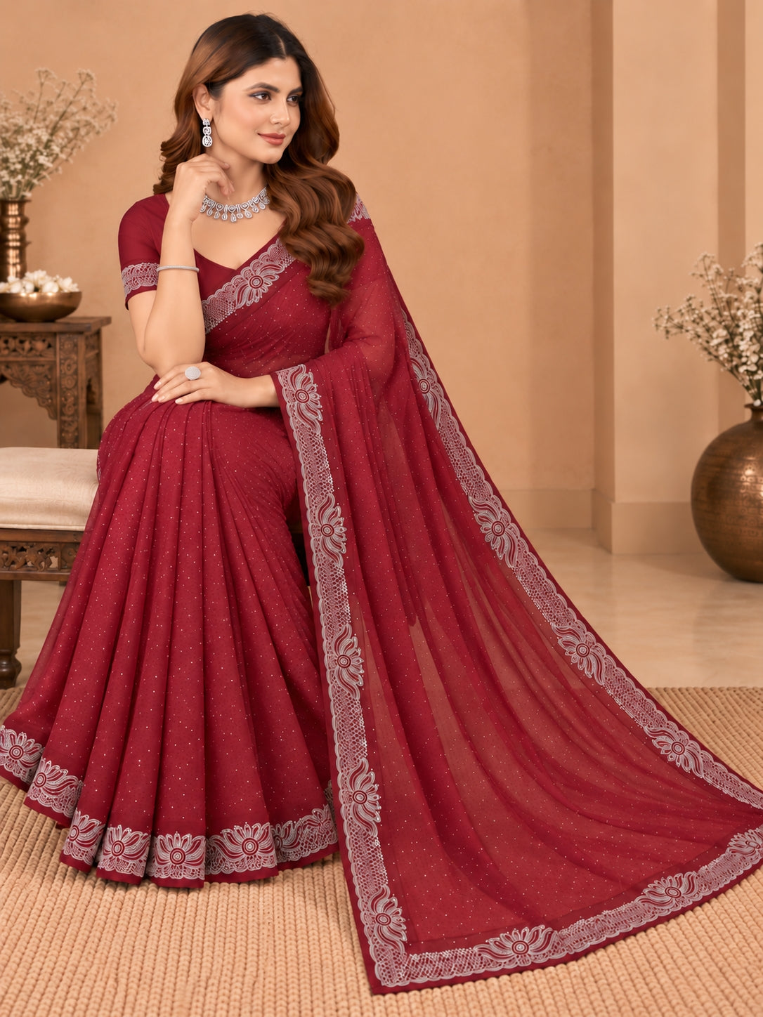 Women's Maroon Hotfix Stone Work Saree with Floral Lace Border