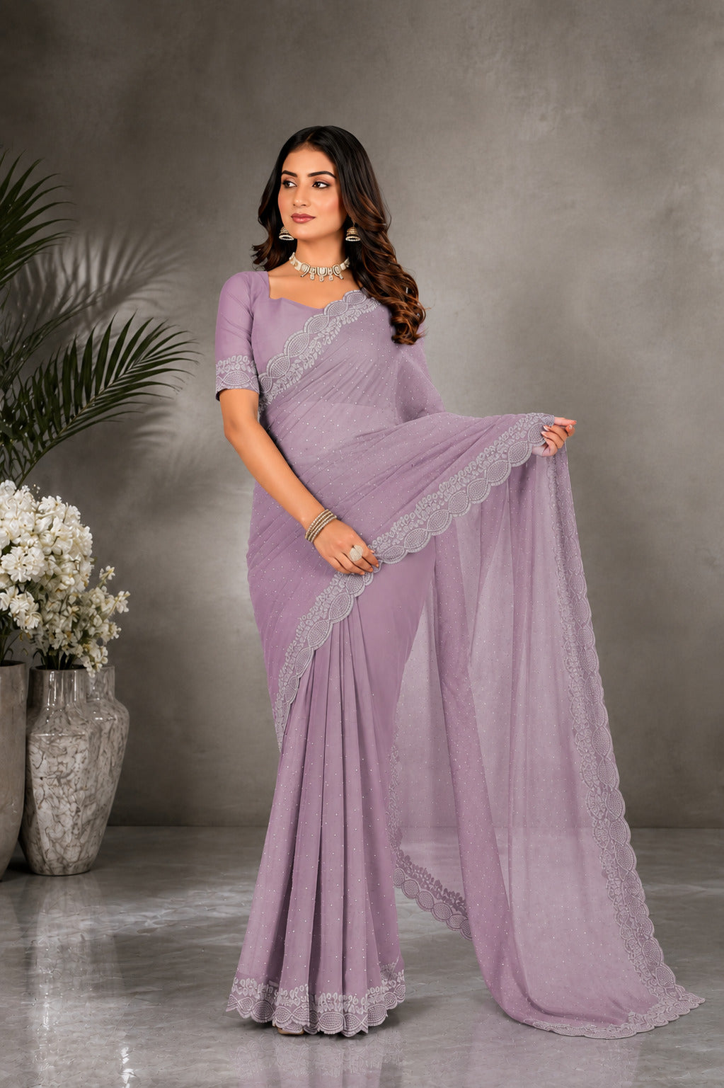 Levender Saree with Embellished Lace Border & Pearl-Like Detailing