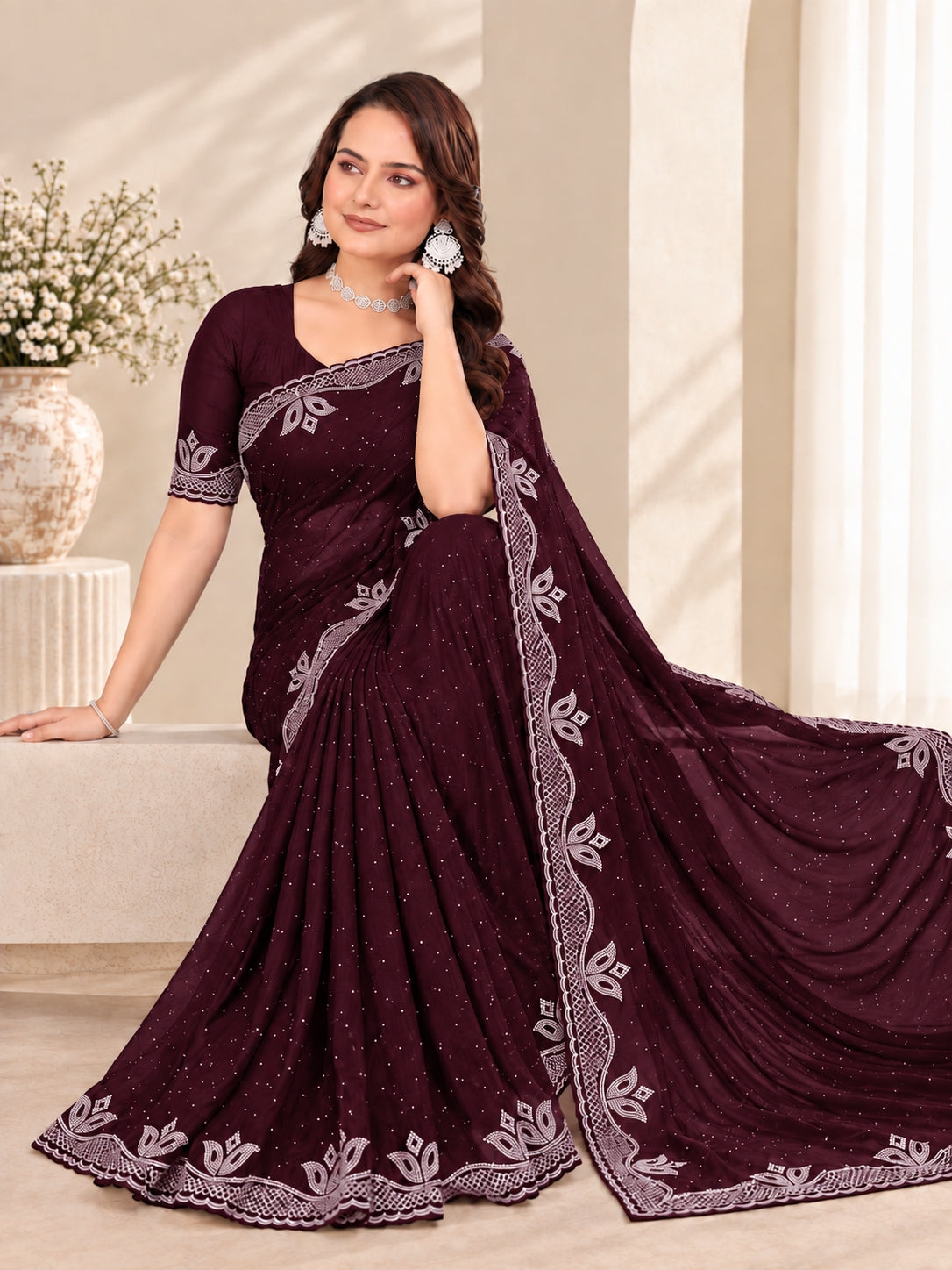 Purple Stone Work Georgette Saree with Embroidered Lace Border