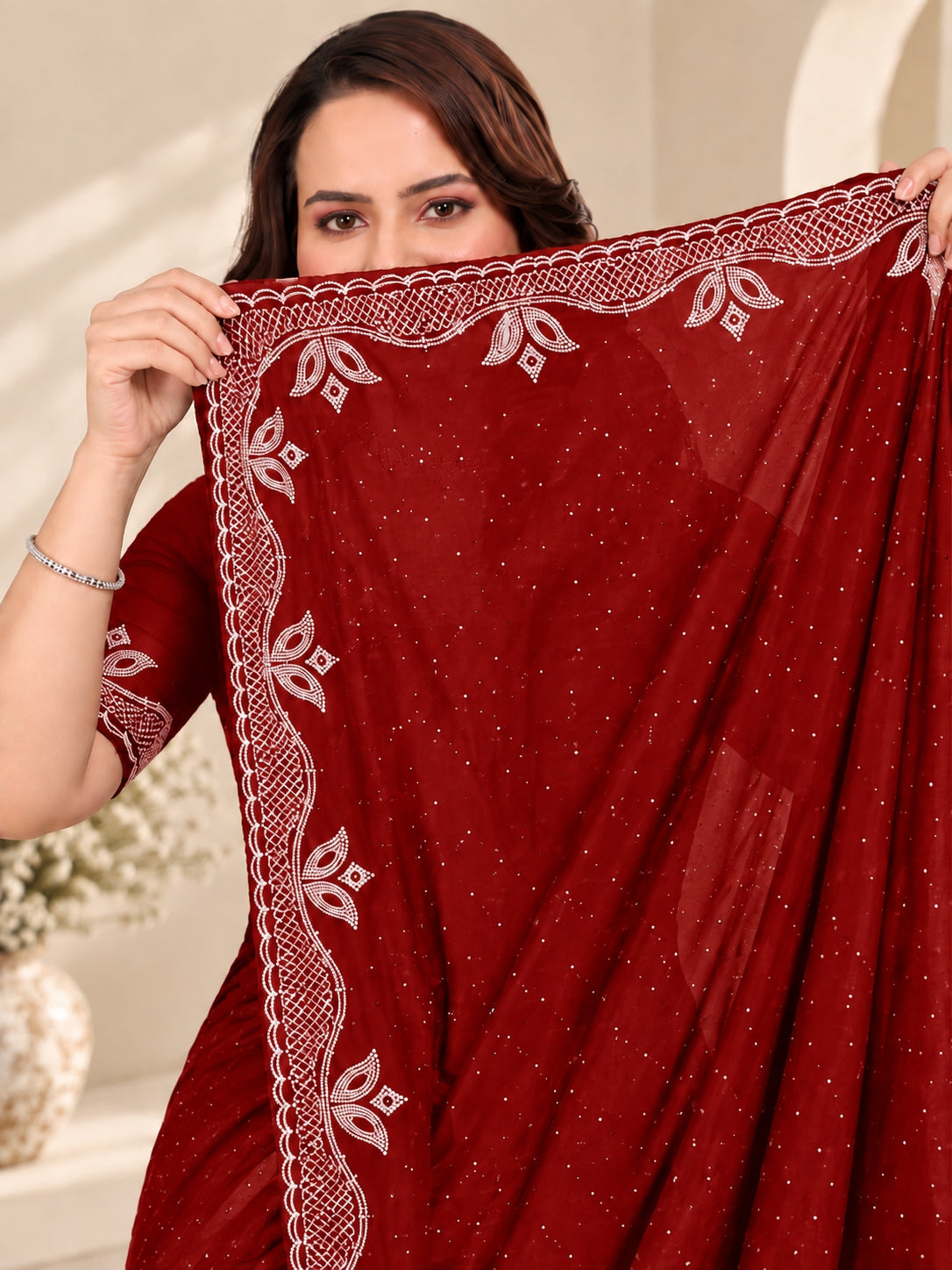 Red Stone Work Georgette Saree with Embroidered Lace Border