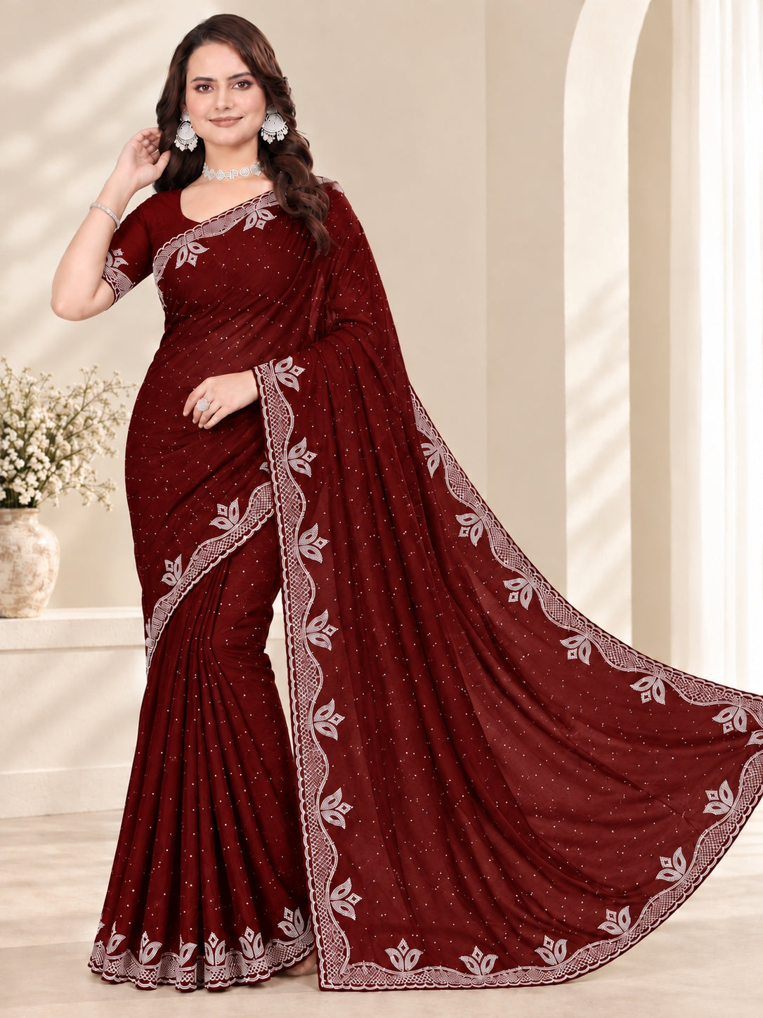 Maroon Stone Work Georgette Saree with Embroidered Lace Border