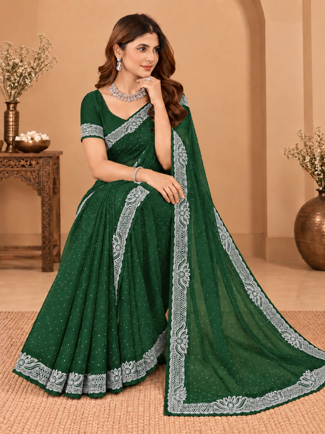 Women's Green Stone Work Saree with Floral Lace Border