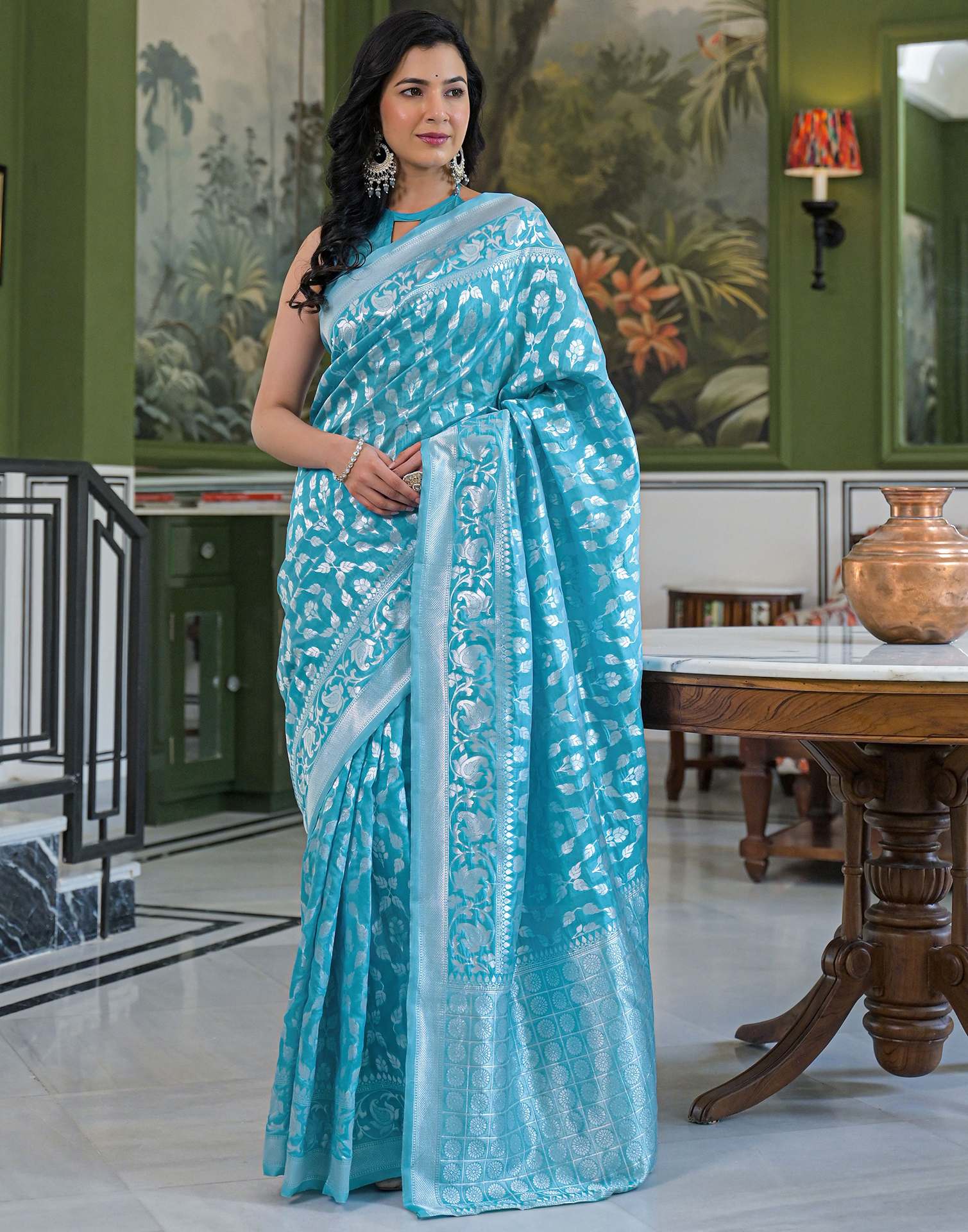 Aqua Blue Silk Banarasi Saree