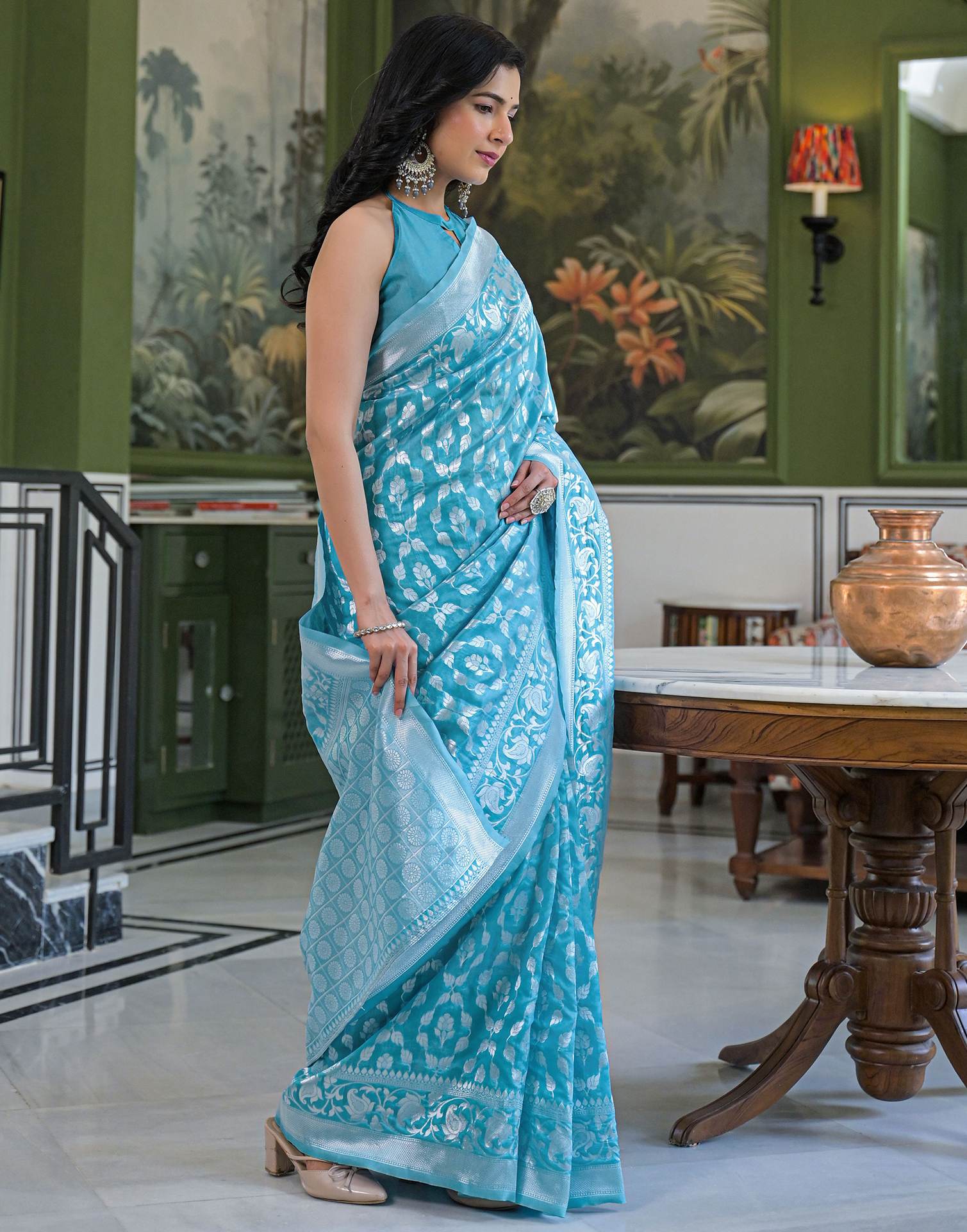 Aqua Blue Silk Banarasi Saree