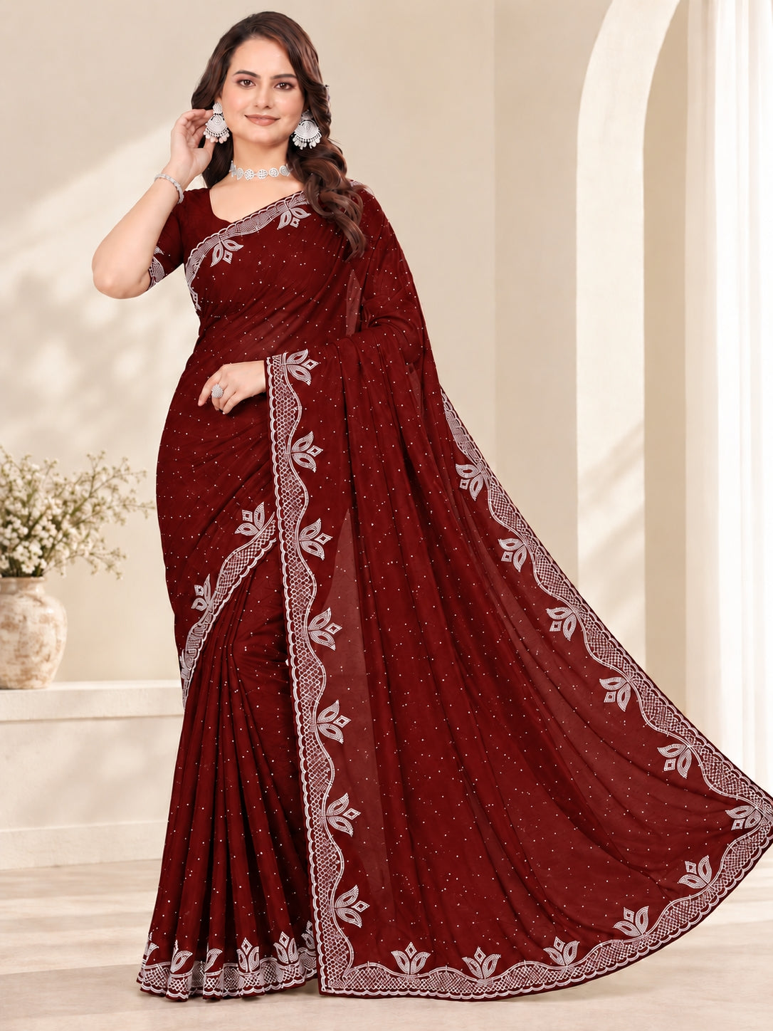 Maroon Stone Work Georgette Saree with Embroidered Lace Border