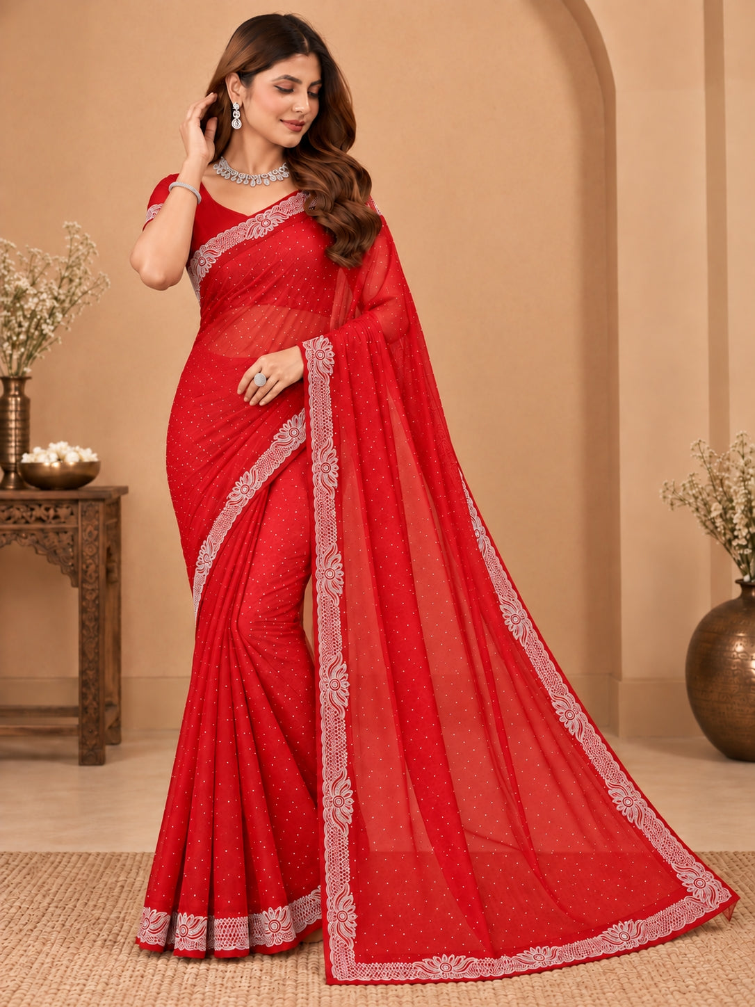Women's Red Stone Work Saree with Floral Lace Border
