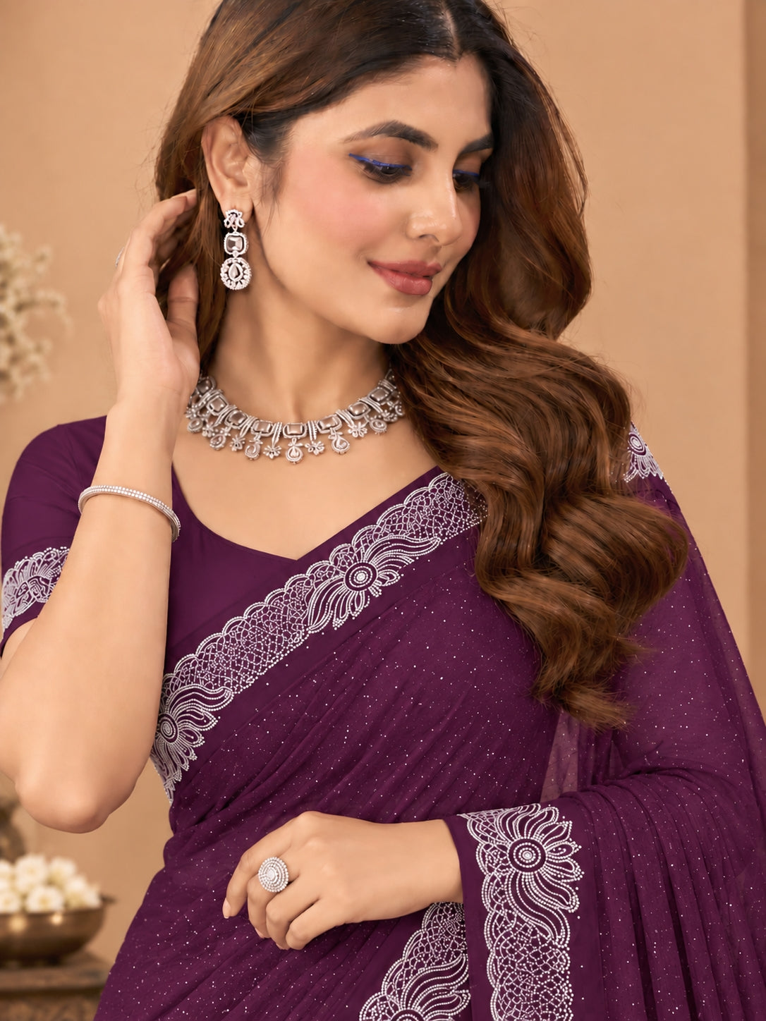 Women's Rich Wine Stone Work Saree with Floral Lace Border