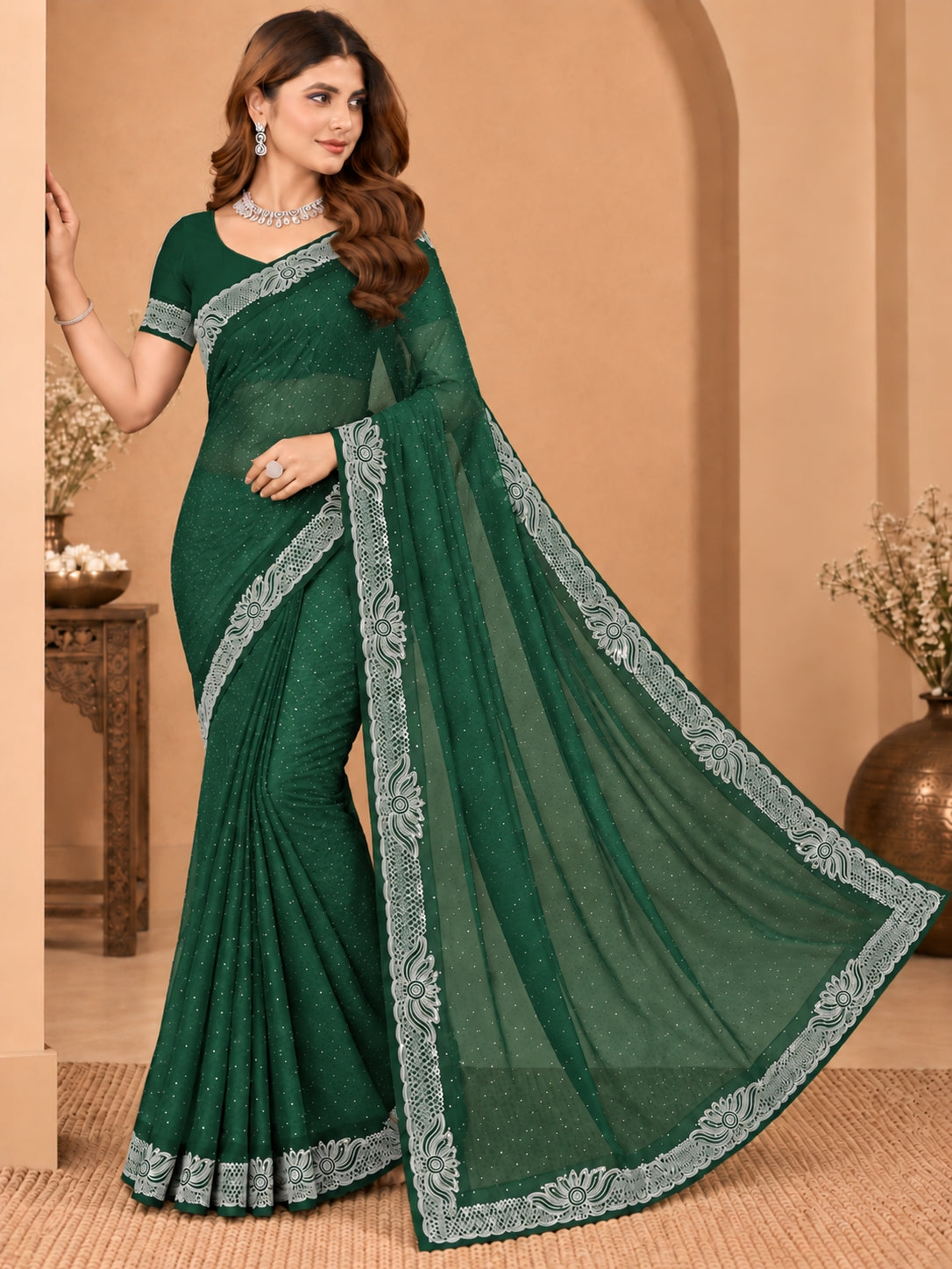 Women's Green Stone Work Saree with Floral Lace Border