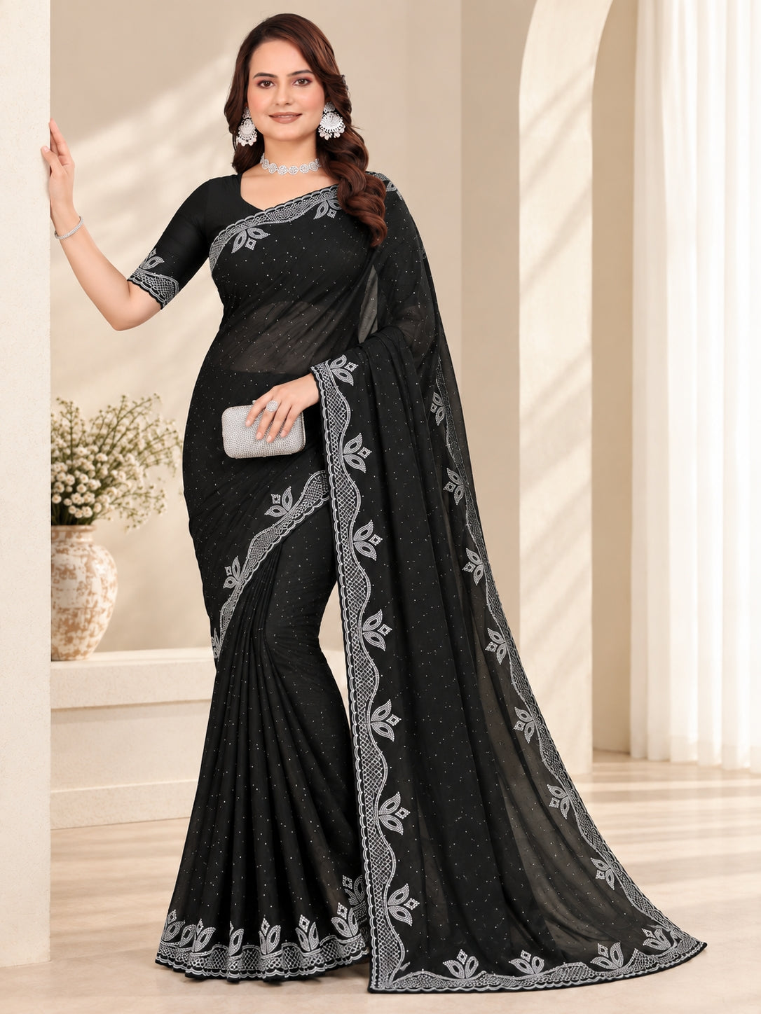 Black Georgette Saree with Embroidered Lace Border