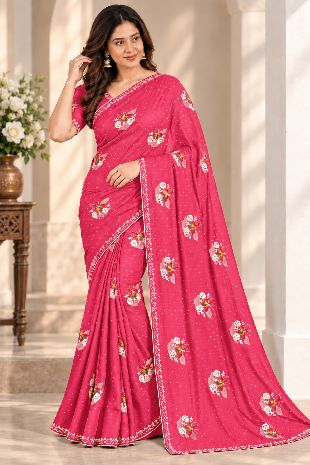 Pink Jimmy Choo Saree with Multicolor Floral Embroidery & Stone Work Lace Border