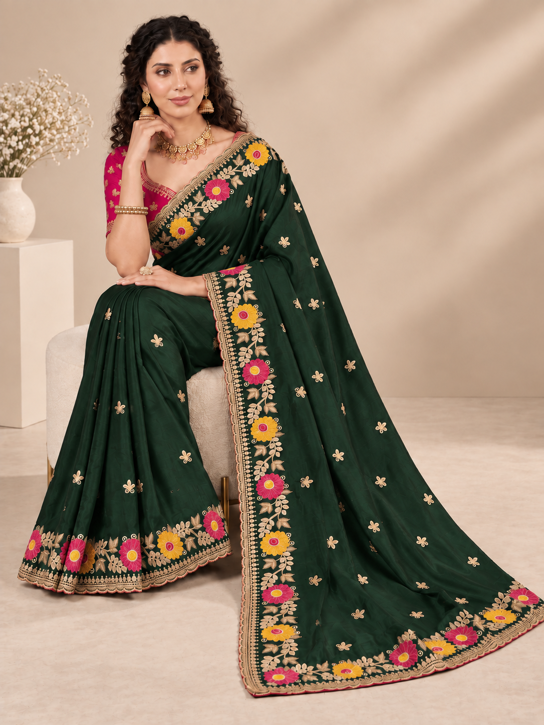 Designer Green Floral Embroidered Saree with Fancy Border Work