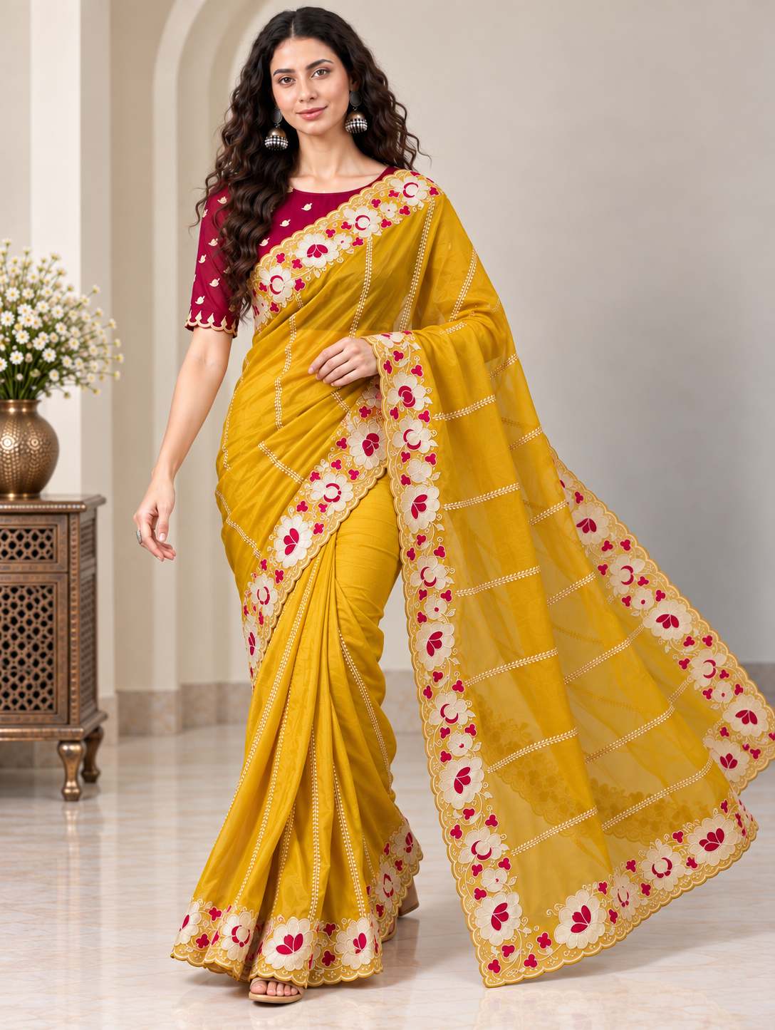 Zegoom Yellow Satin Silk Saree with Floral Embroidery & Scalloped Border