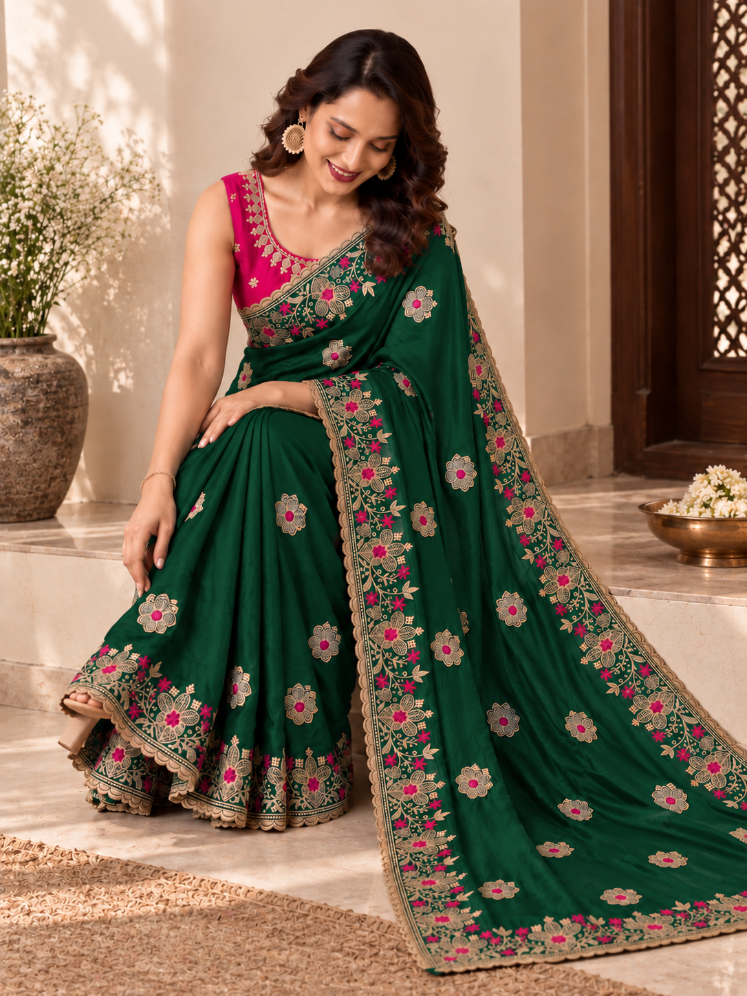 Designer Green Saree with Floral Embroidery and Zari Work