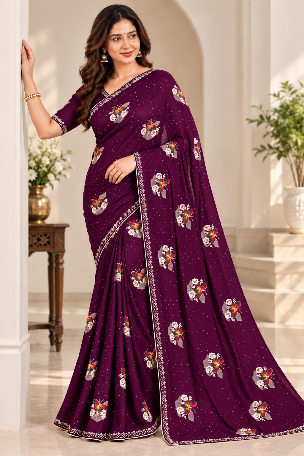 Purple Jimmy Choo Saree with Multicolor Floral Embroidery & Stone Work Lace Border