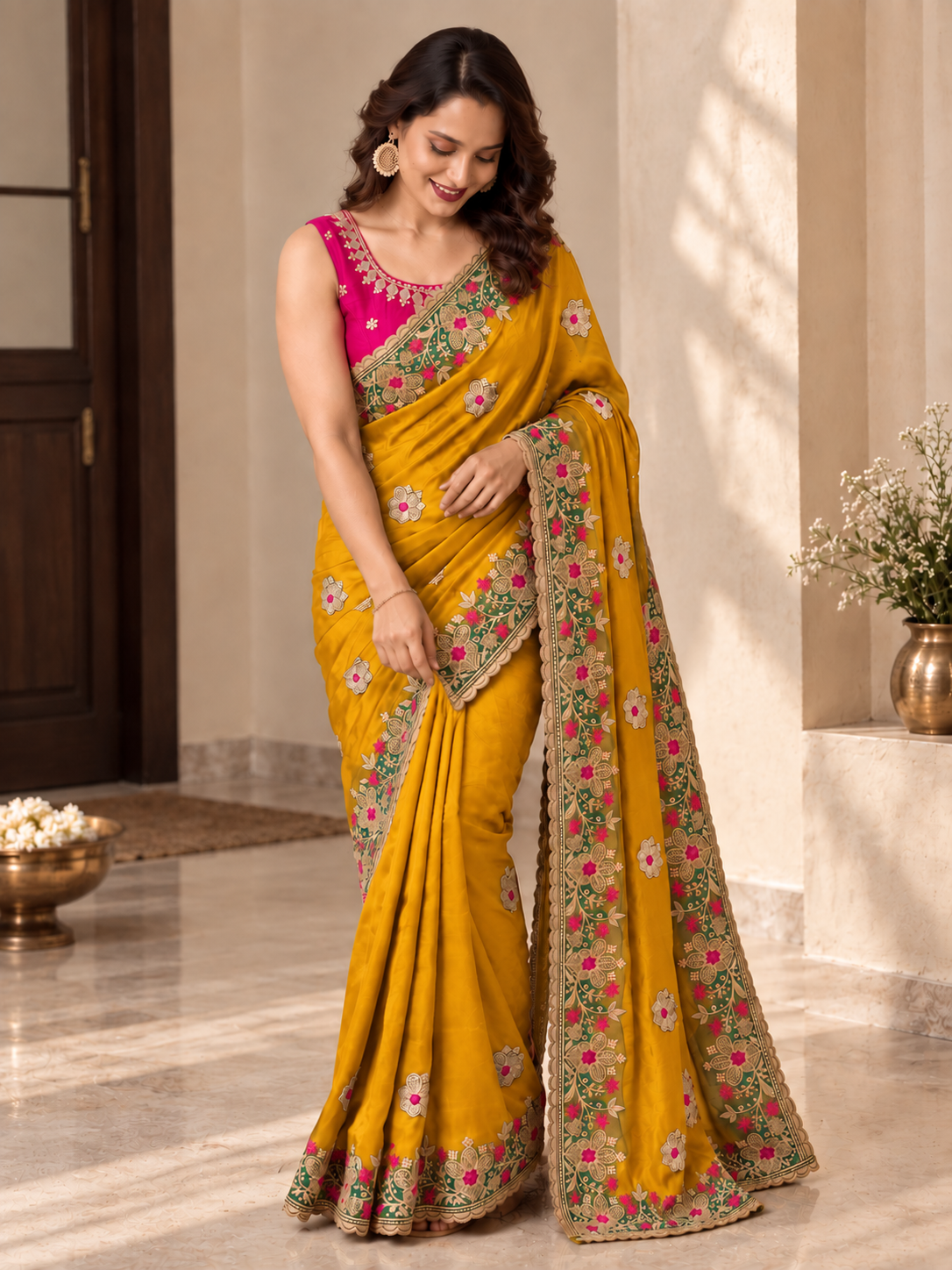 Designer Yellow Saree with Floral Embroidery and Zari Work