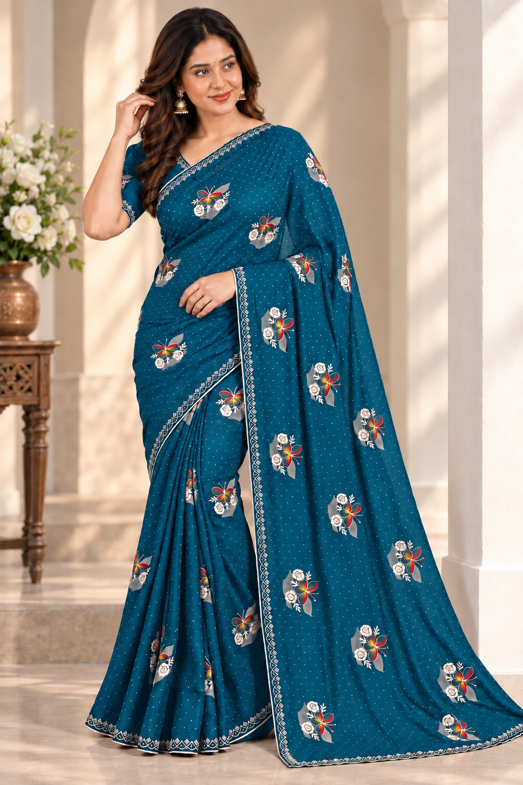Designer Teal Jimmy Choo Saree with Embroidered Floral Motifs and Stone Lace