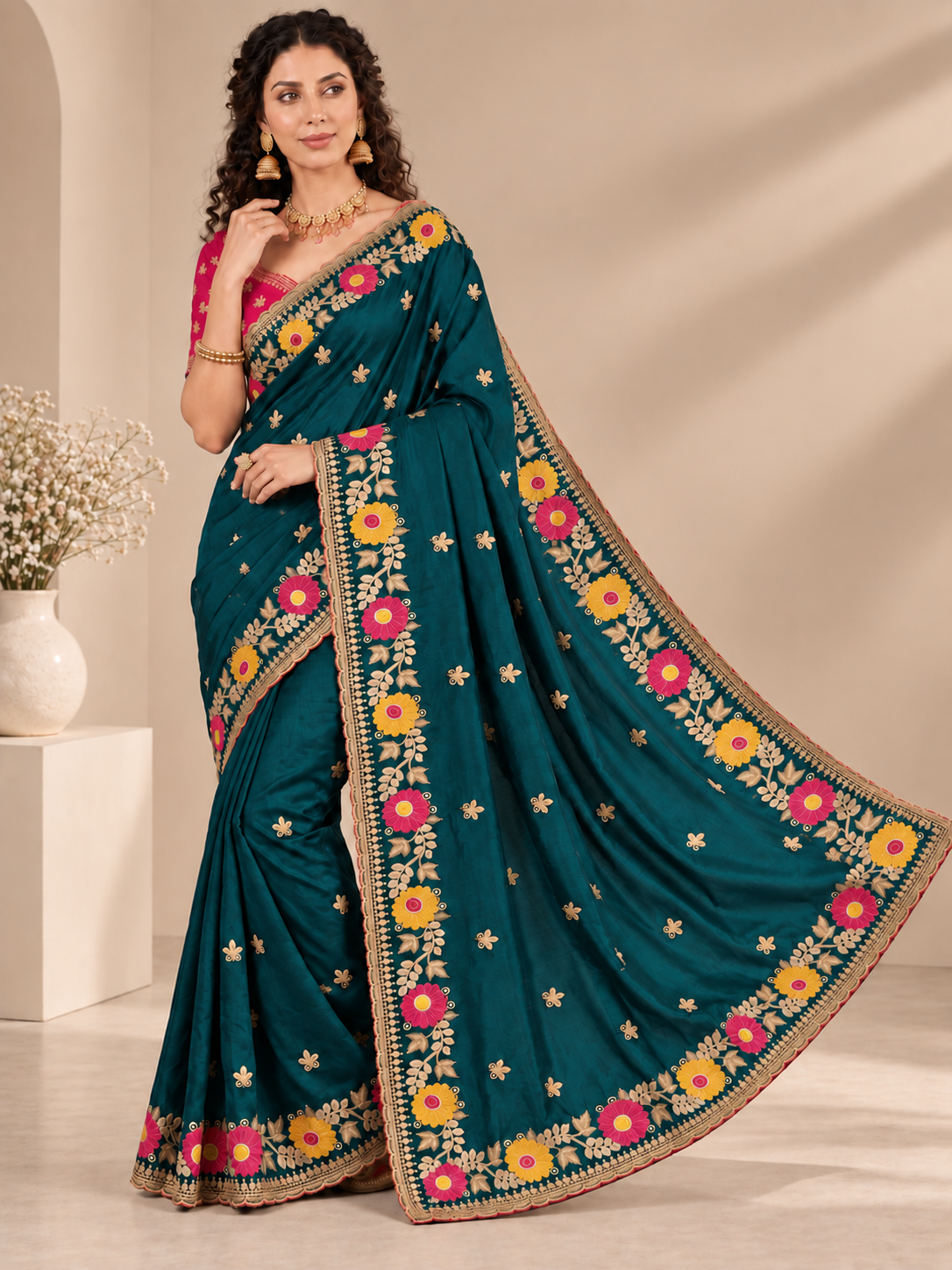 Designer Teal Floral Embroidered Saree with Fancy Border Work