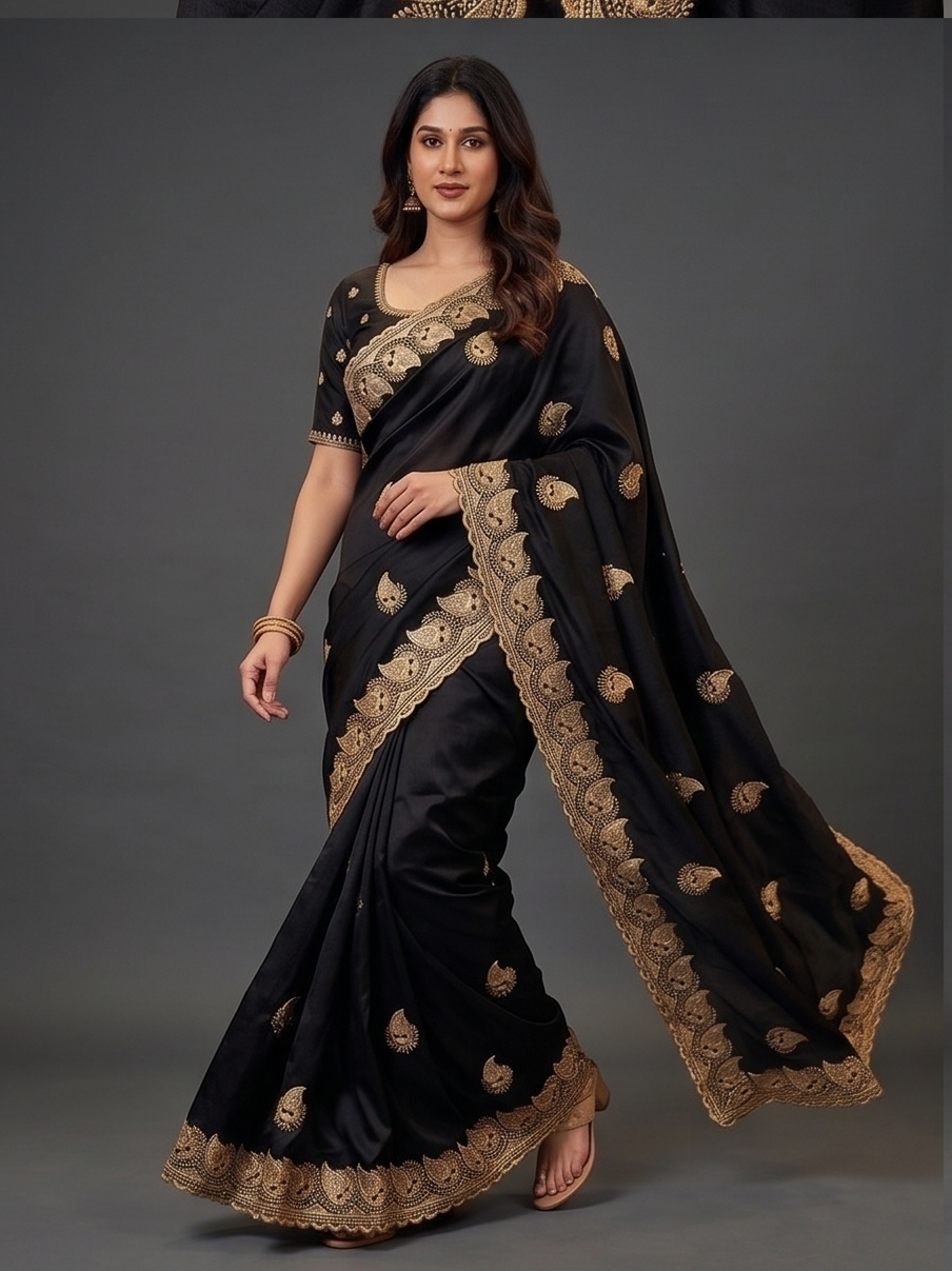 Zegoom Black Satin Silk Saree with Gold Paisley Embroidery