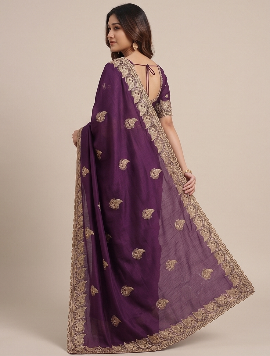 Zegoom Purple Satin Silk Saree with Gold Paisley Embroidery