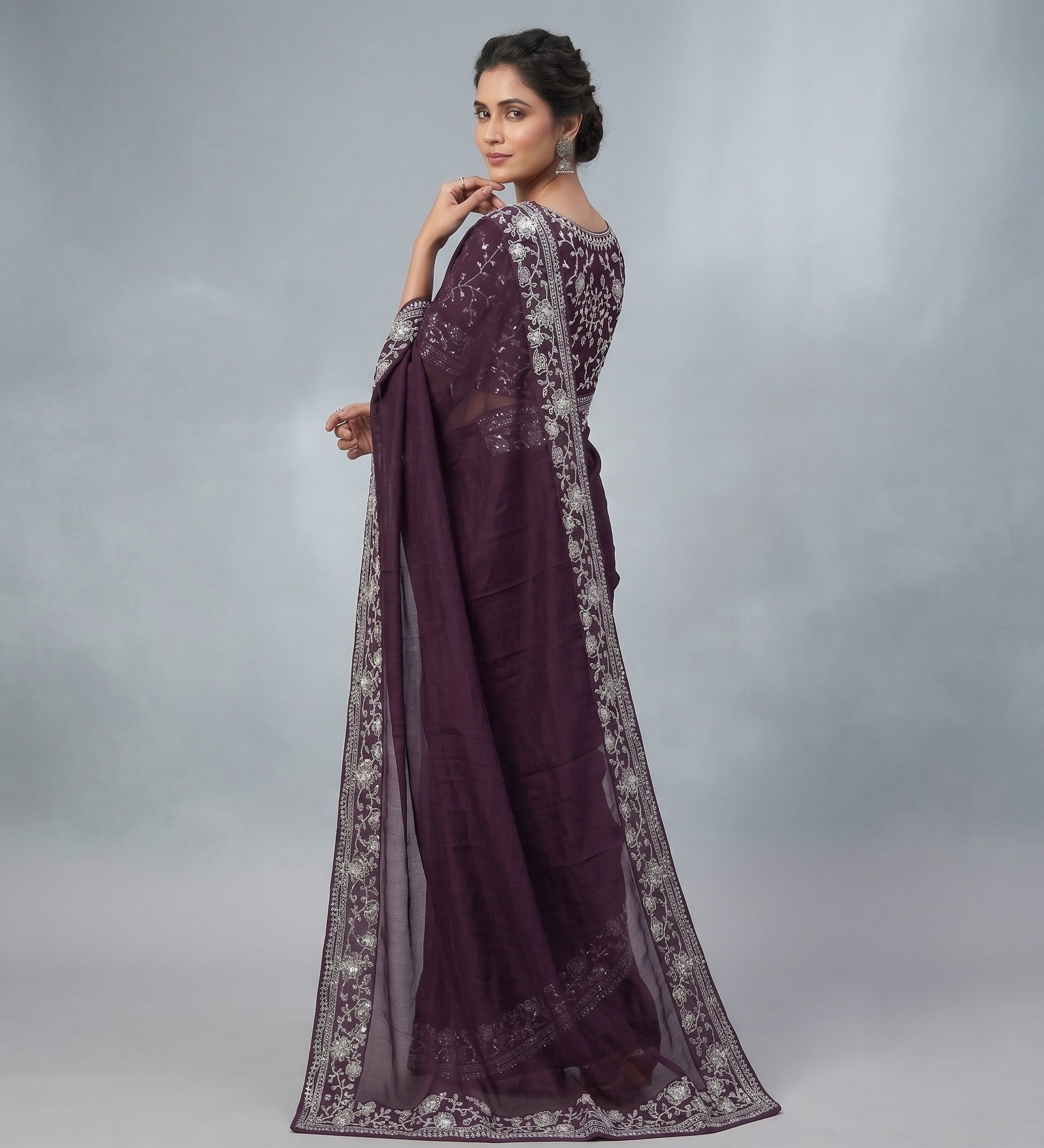 Purple Saree with Embroidery Lace Border