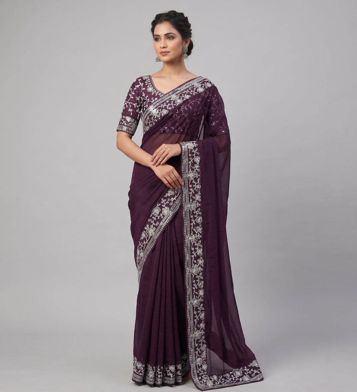 Purple Saree with Embroidery Lace Border