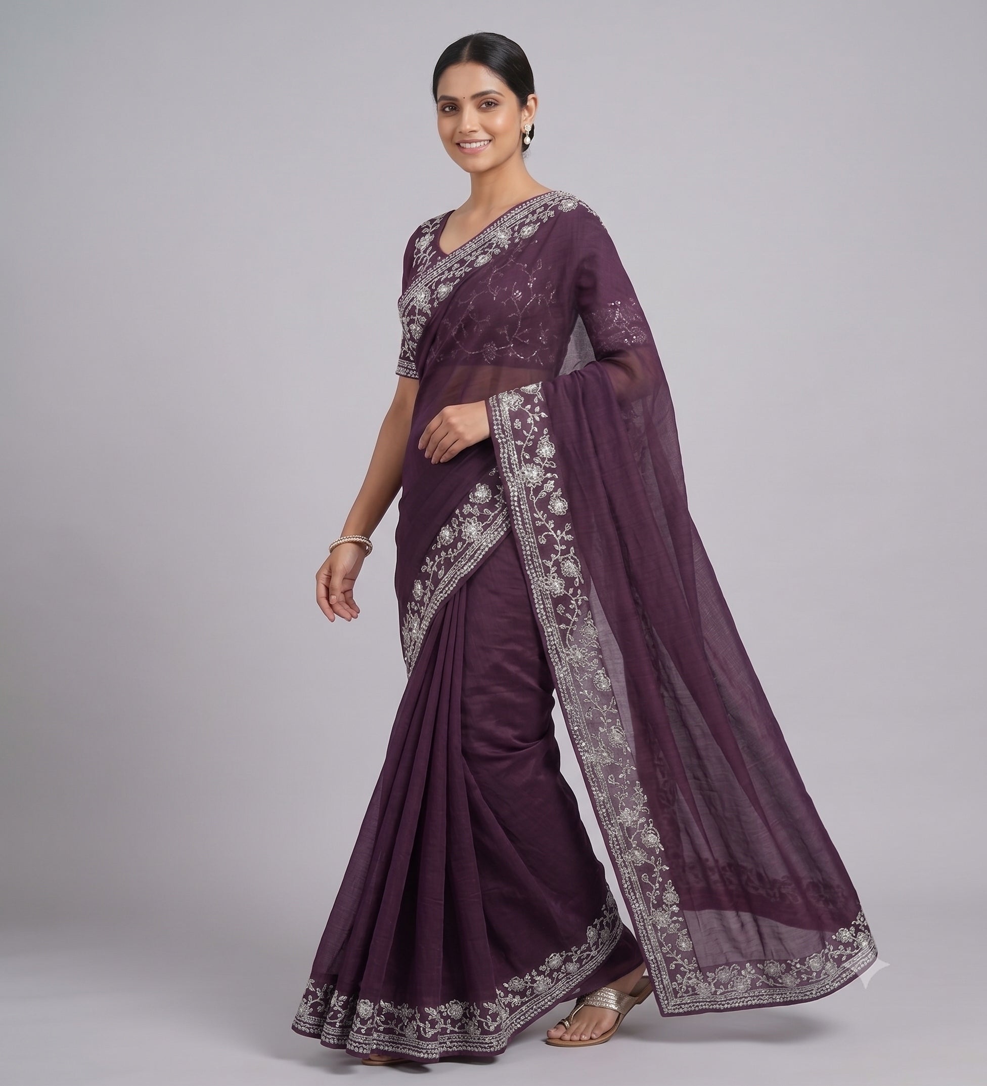 Purple Saree with Embroidery Lace Border
