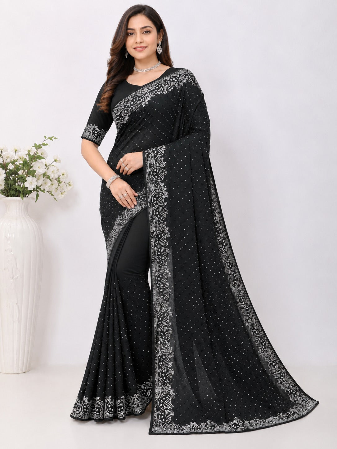 Black Pot Style Stone Work Saree with Designer Stone Border