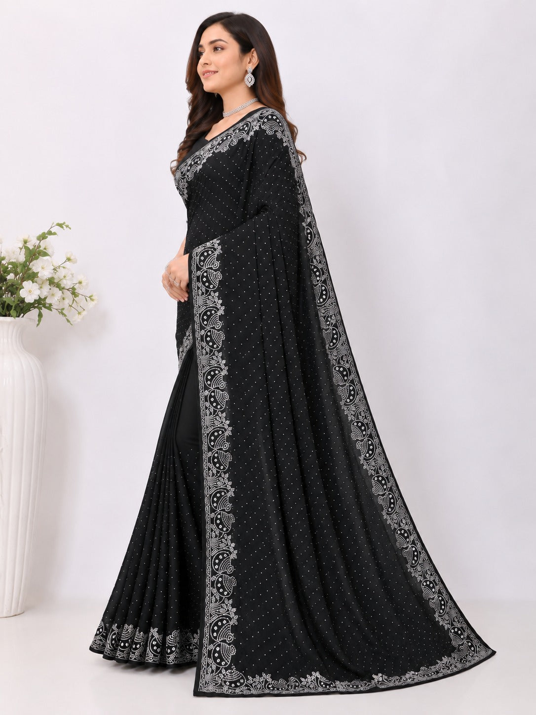 Black Pot Style Stone Work Saree with Designer Stone Border