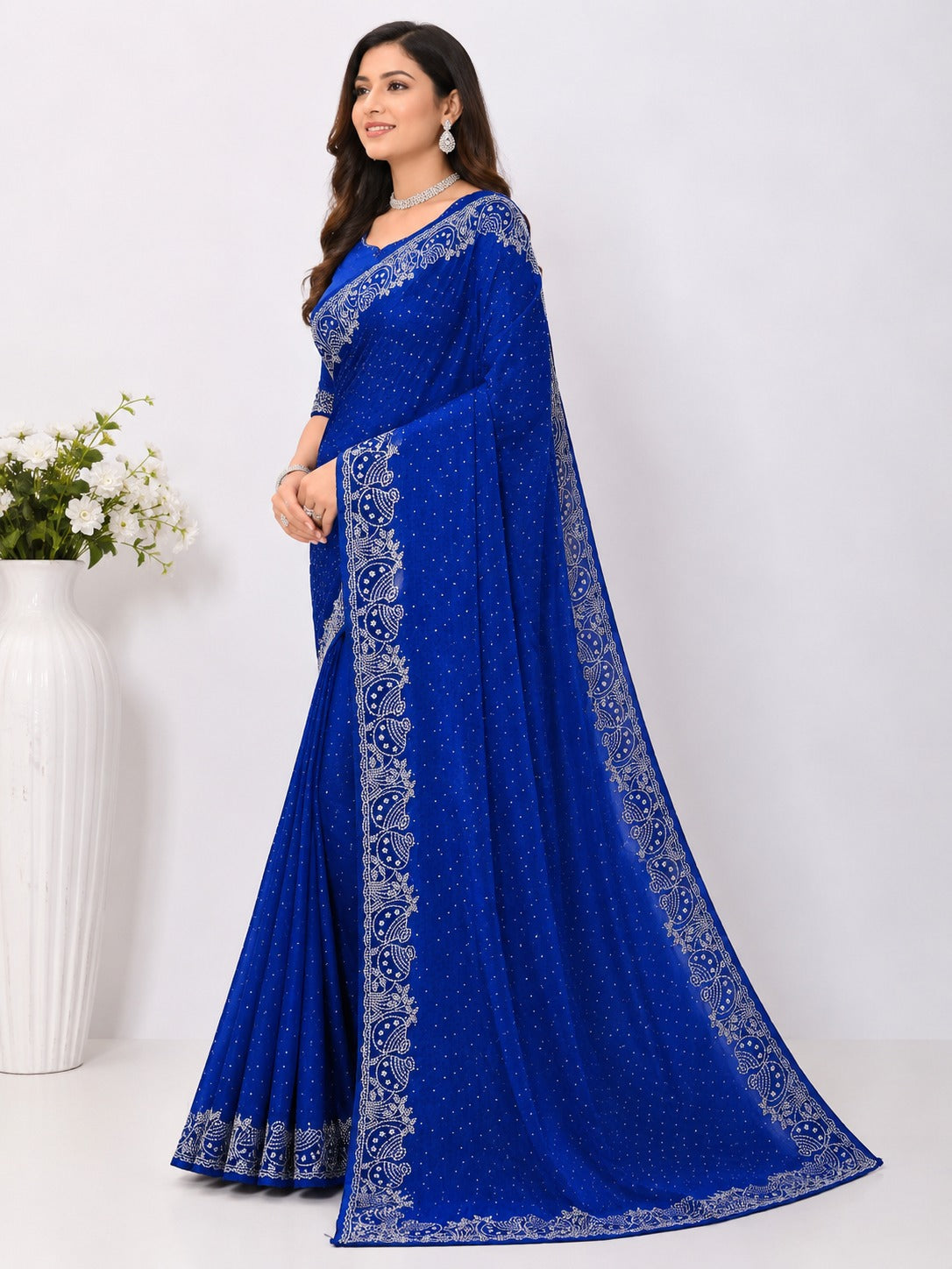 Royal Blue Pot Style Stone Work Saree with Designer Stone Border Product Description