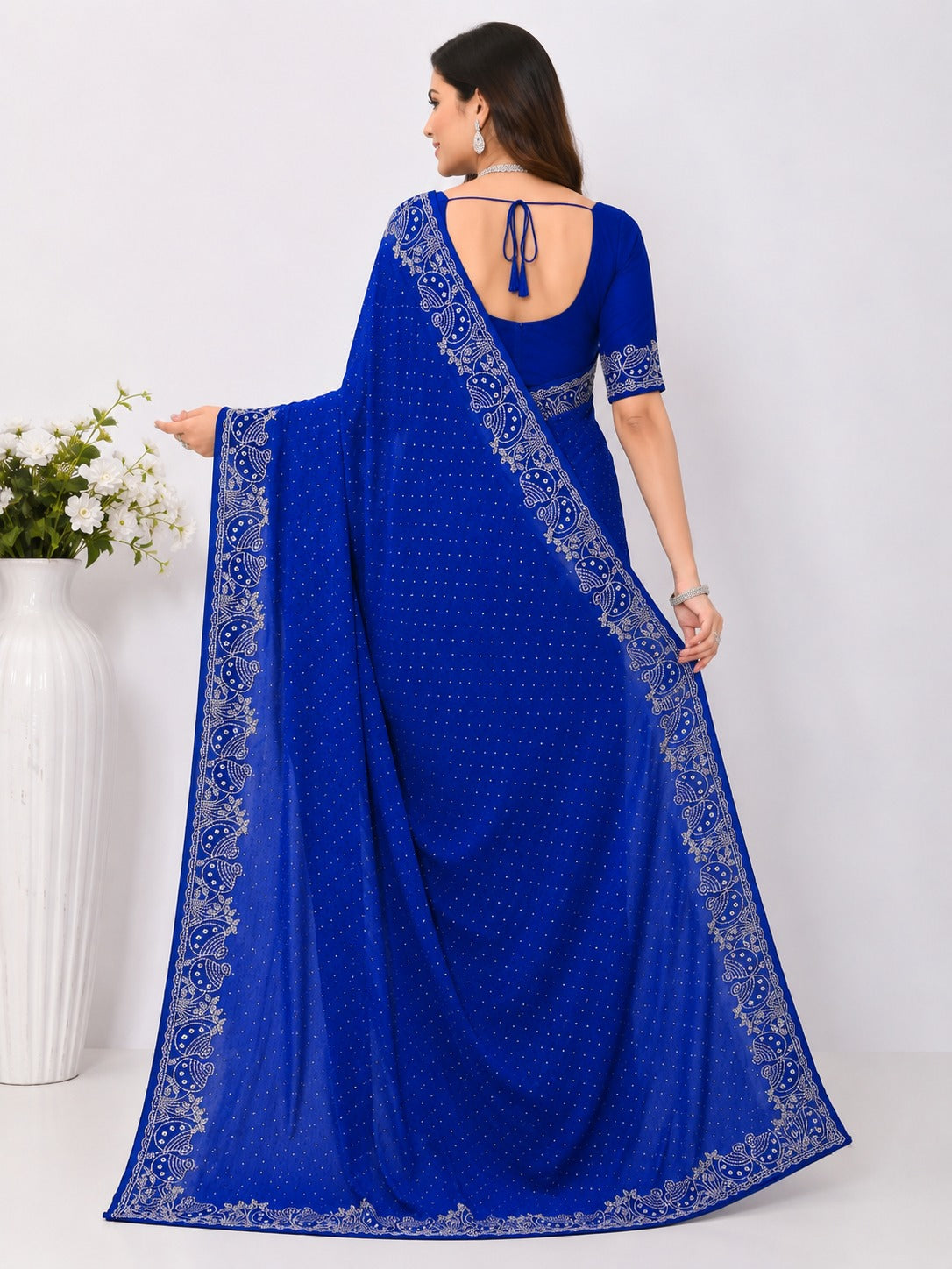 Royal Blue Pot Style Stone Work Saree with Designer Stone Border Product Description