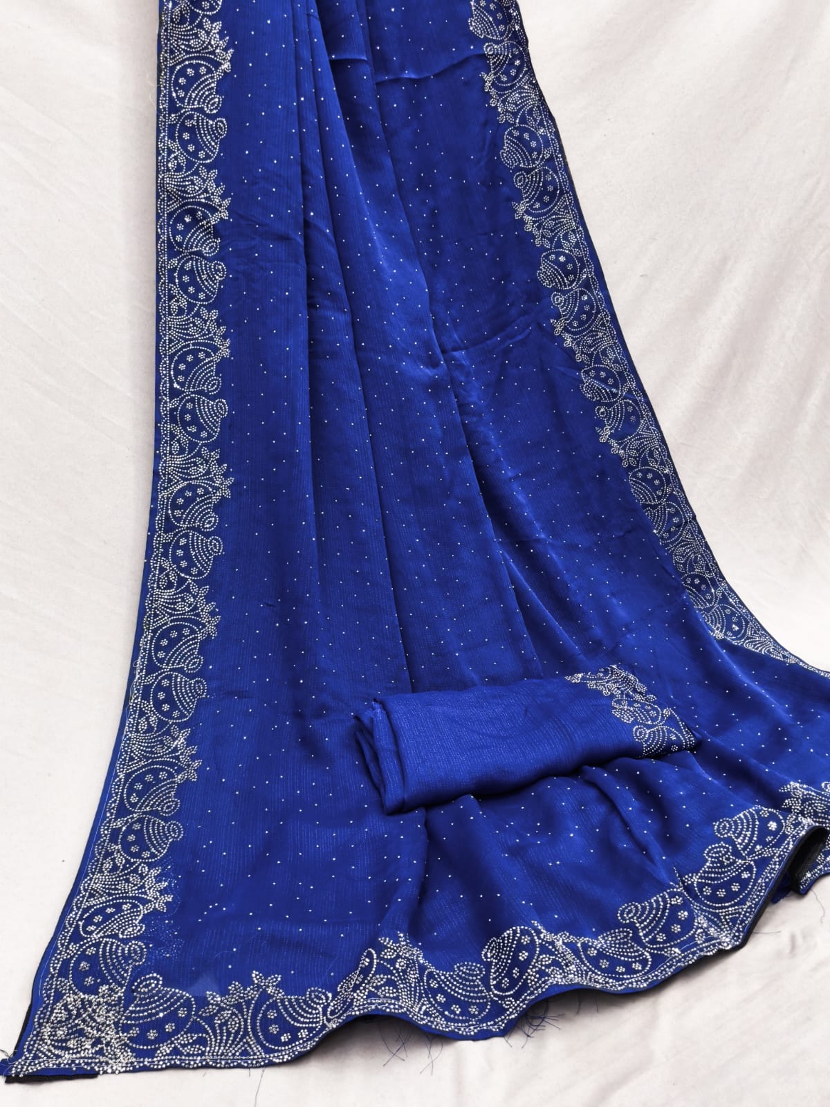 Royal Blue Pot Style Stone Work Saree with Designer Stone Border Product Description