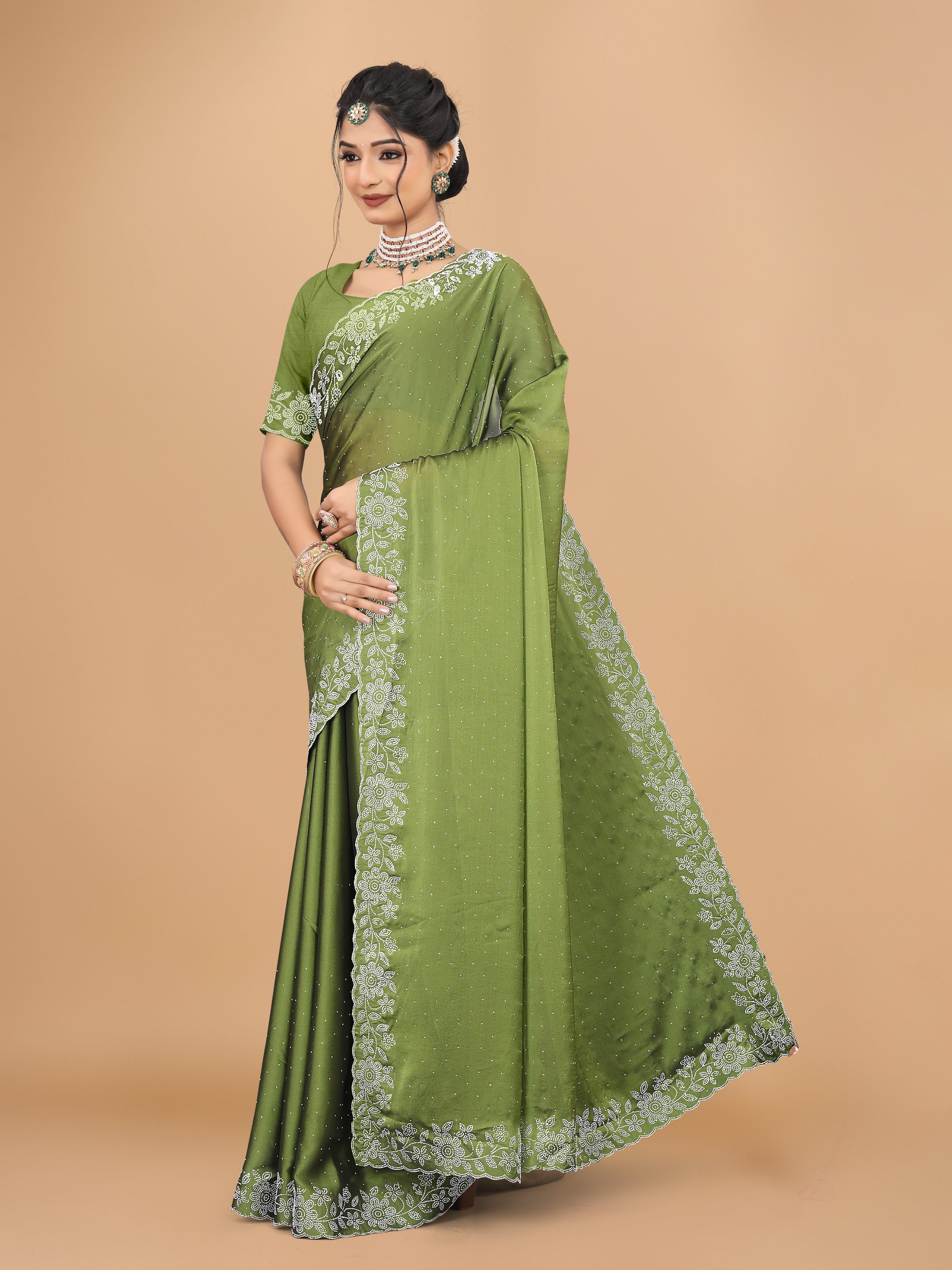 Pista Green Trendy Georgette Diamond Work Party Wear Saree