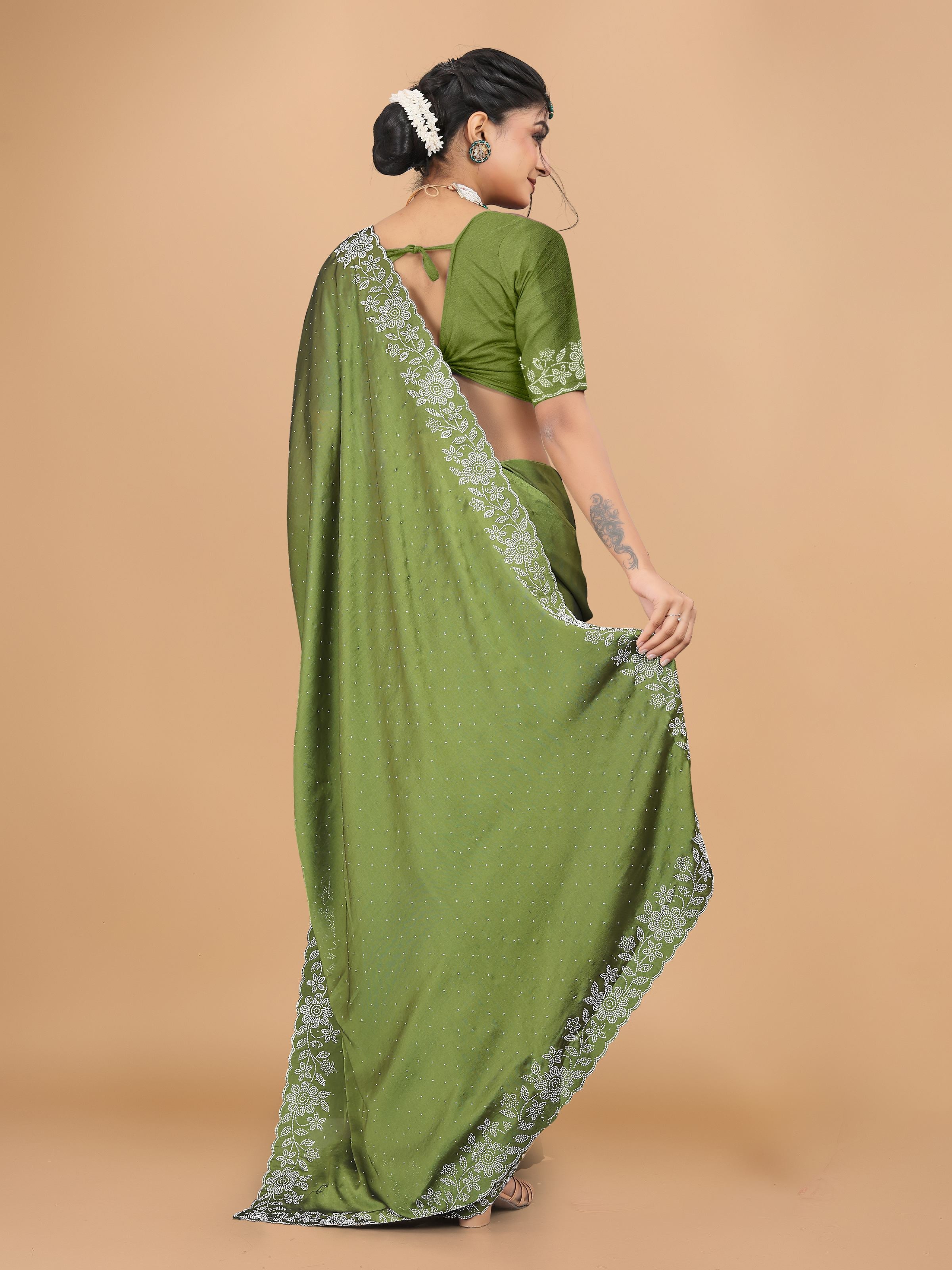 Pista Green Trendy Georgette Diamond Work Party Wear Saree