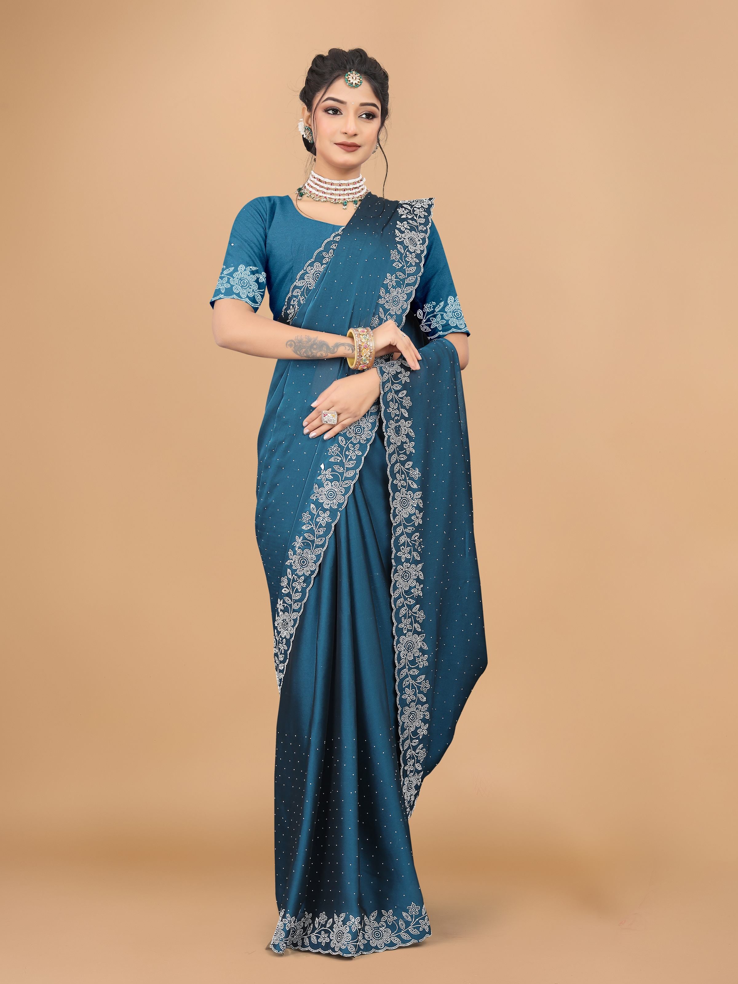 Steel Blue Trendy Georgette Diamond Work Party Wear Saree