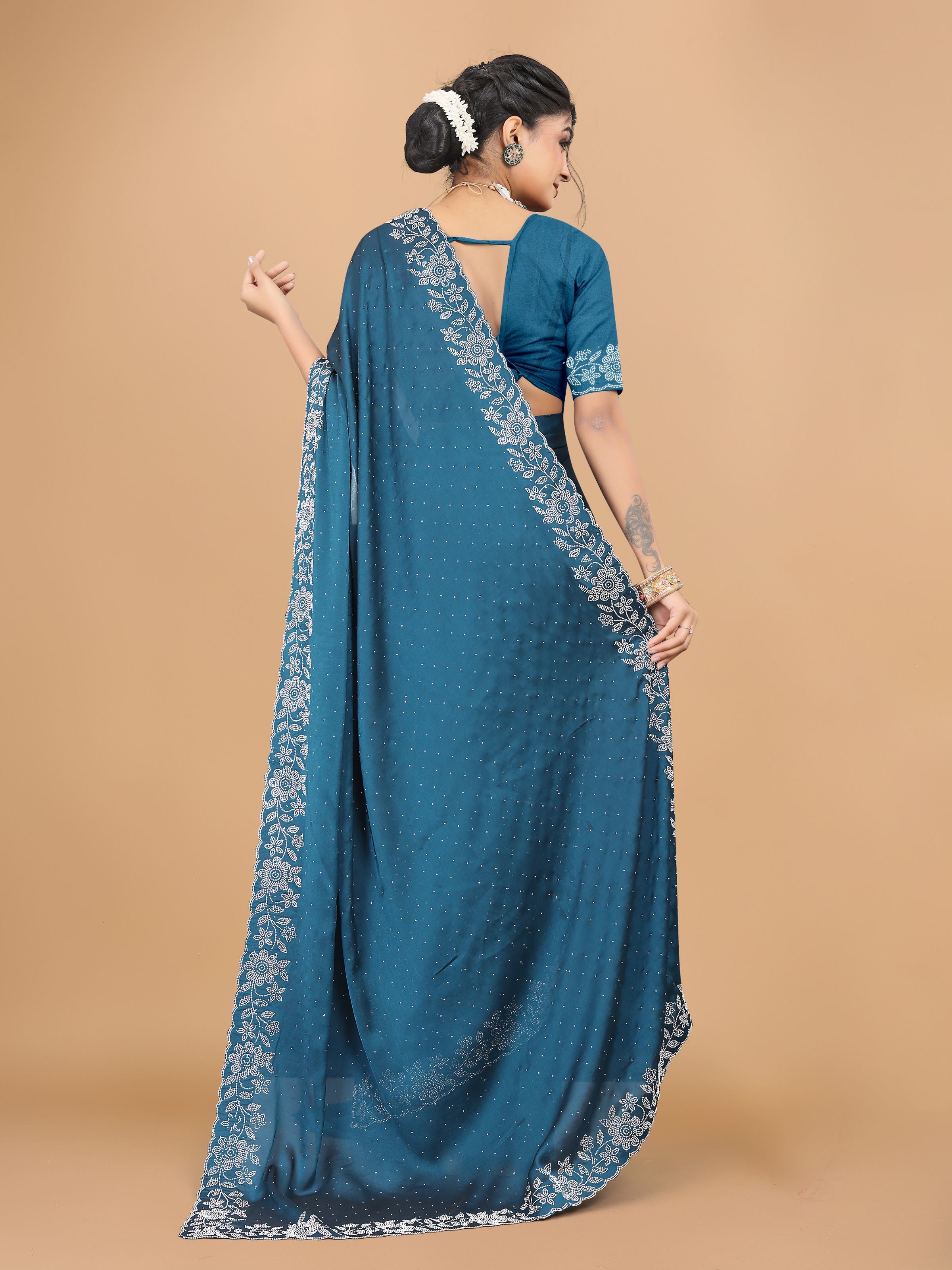 Steel Blue Trendy Georgette Diamond Work Party Wear Saree