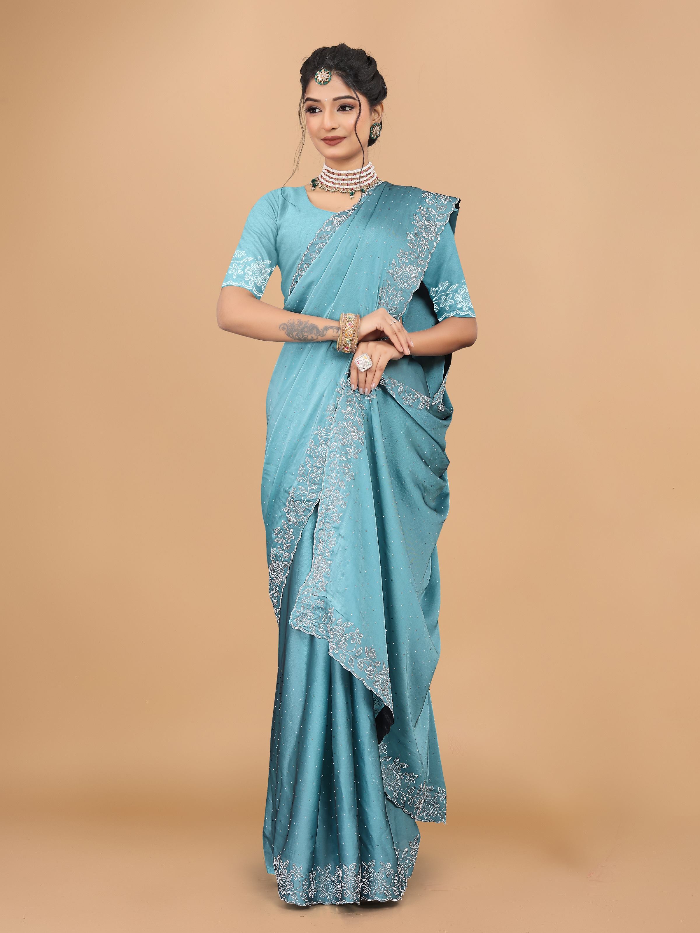 Light Blue Trendy Georgette Diamond Work Party Wear Saree