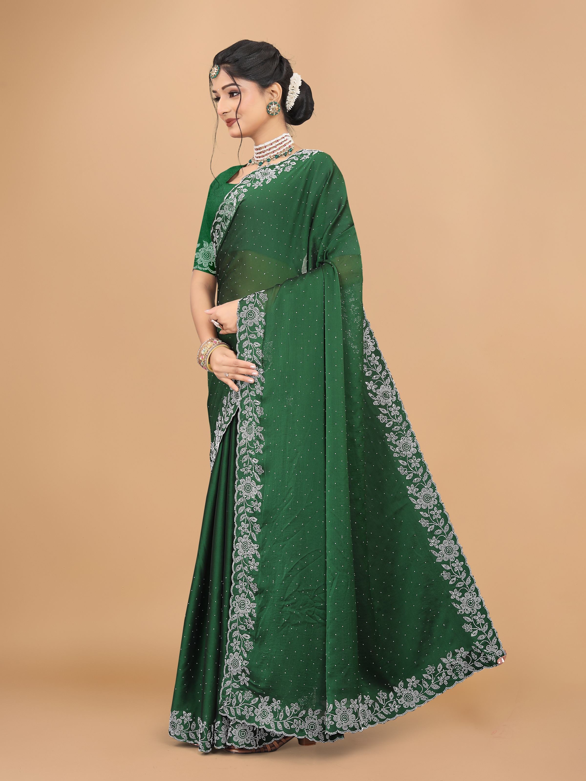 Bottle Green Trendy Georgette Diamond Work Party Wear Saree