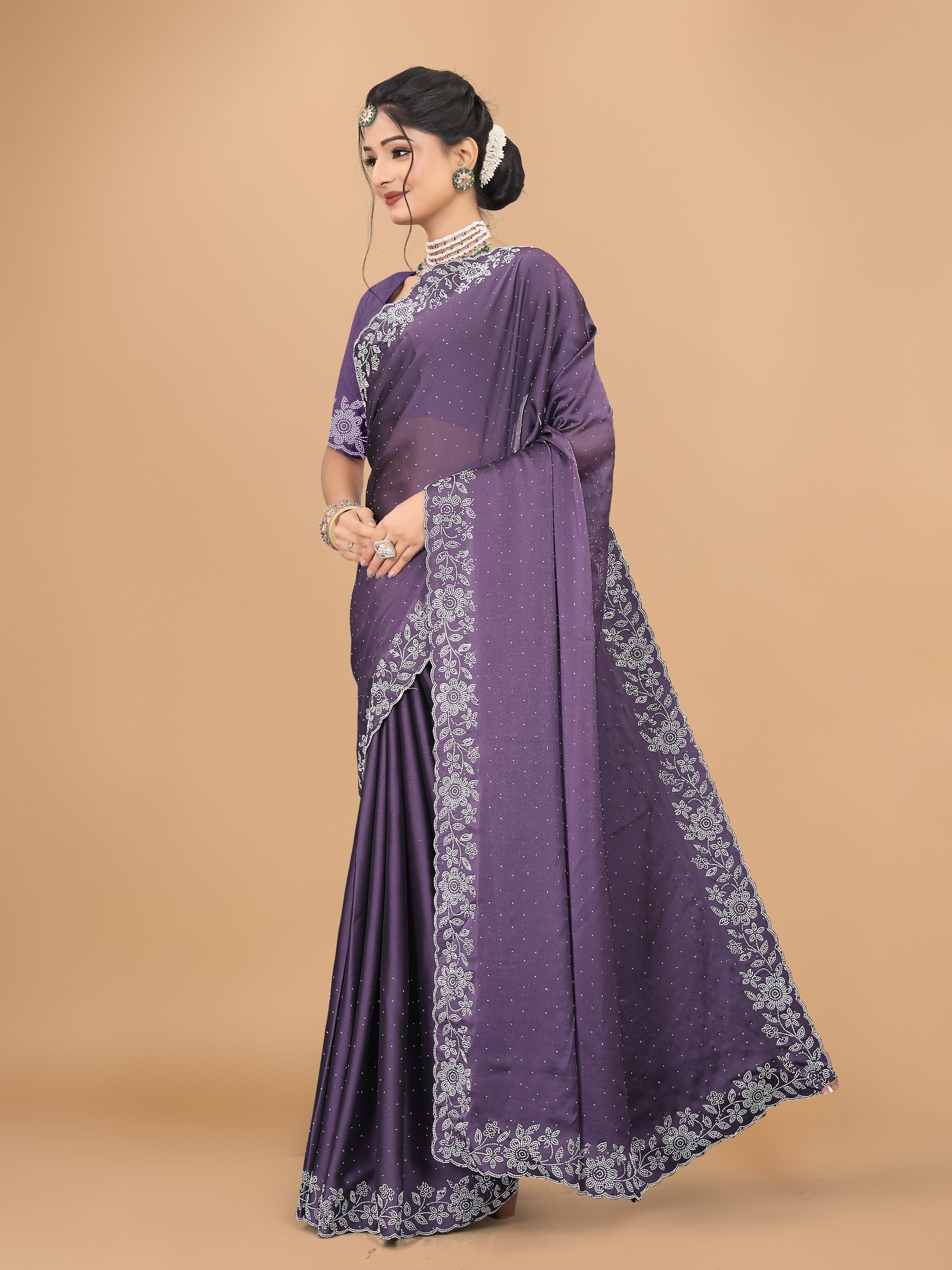 Dusty Purple Trendy Georgette Diamond Work Party Wear Saree