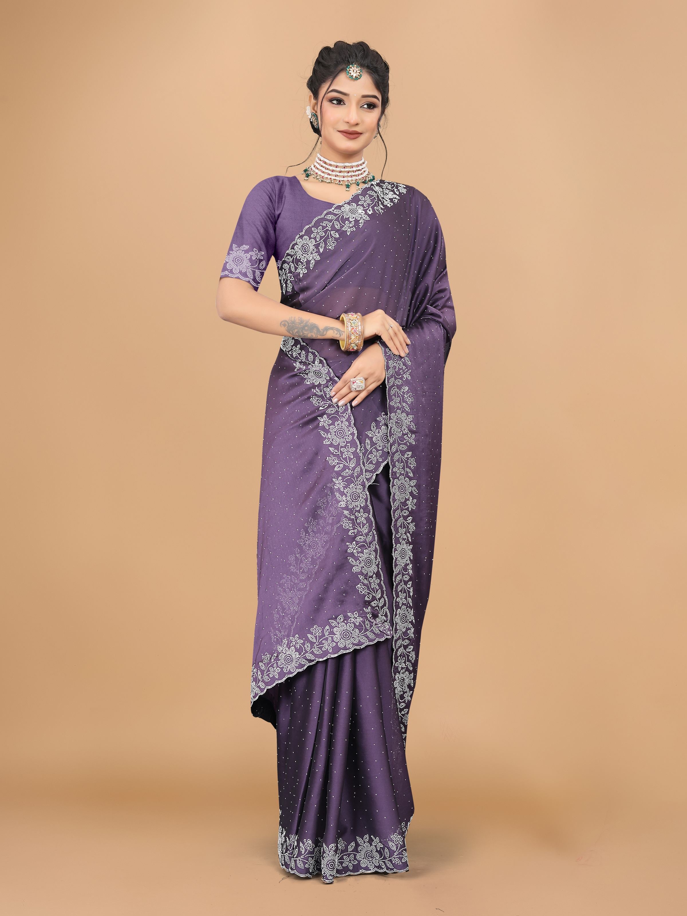 Dusty Purple Trendy Georgette Diamond Work Party Wear Saree