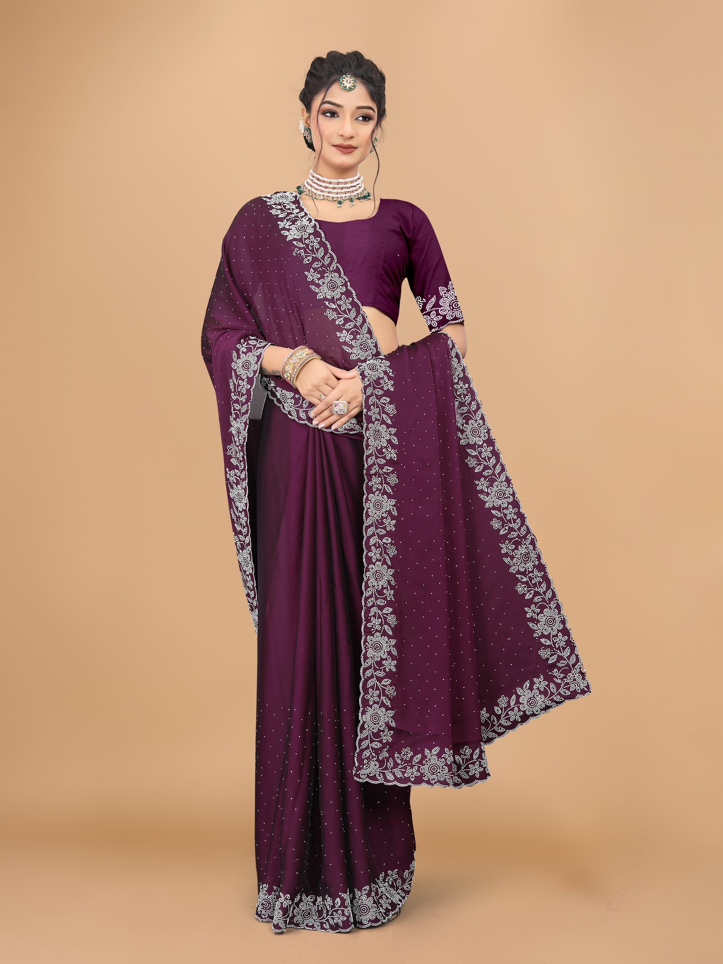 Wine Trendy Georgette Diamond Work Party Wear Saree