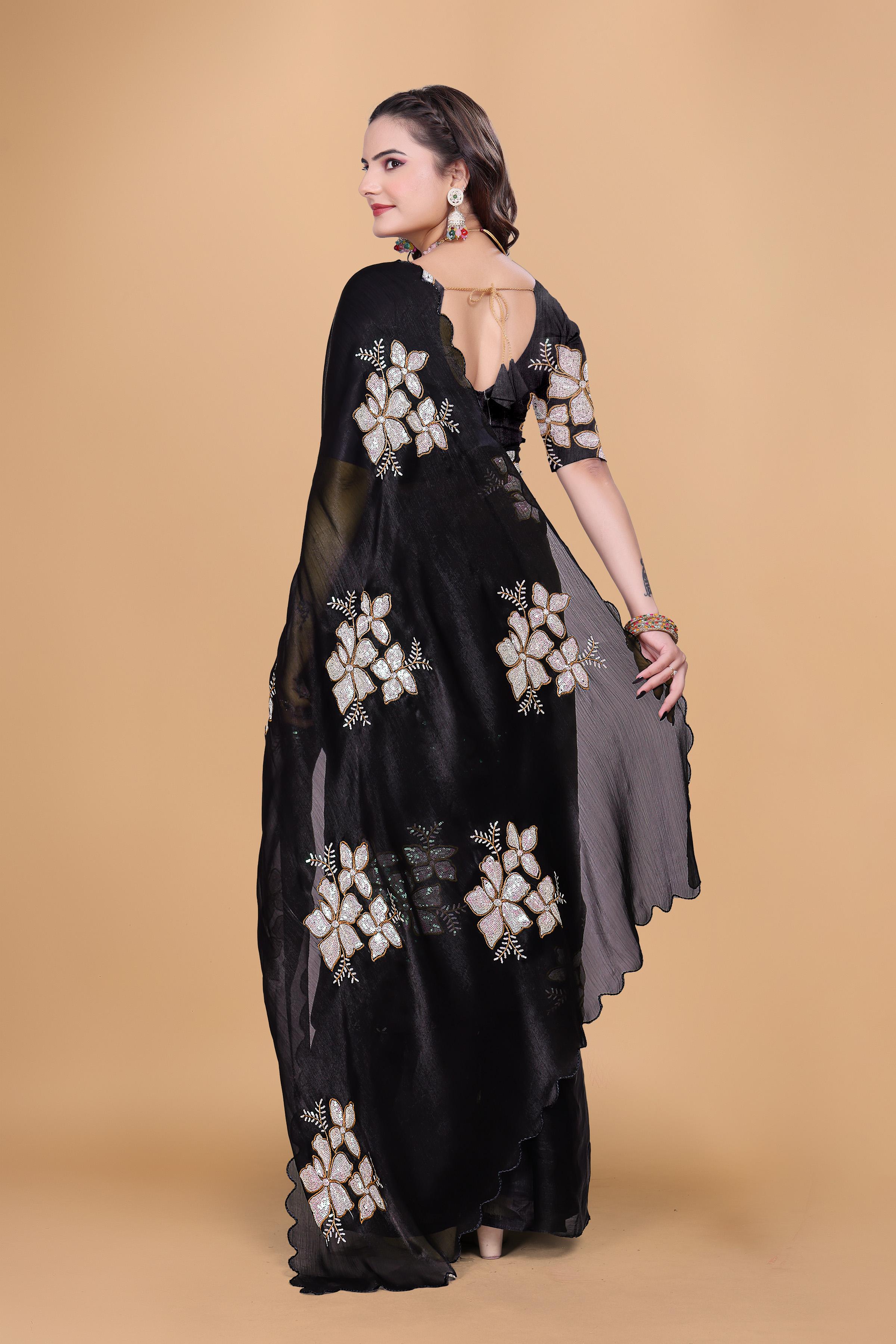 Black Organza Floral Embroidery designer Saree