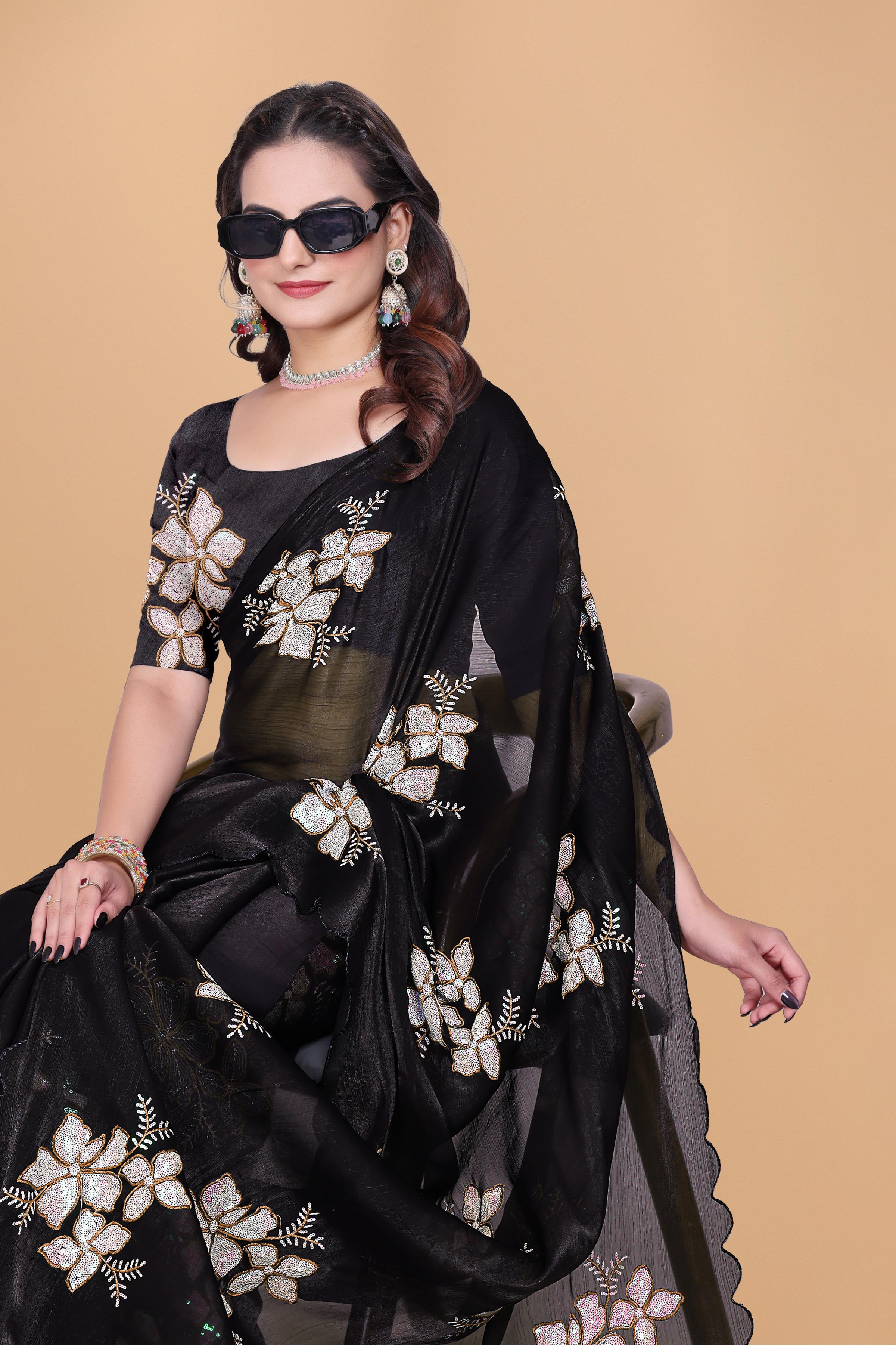 Black Organza Floral Embroidery designer Saree