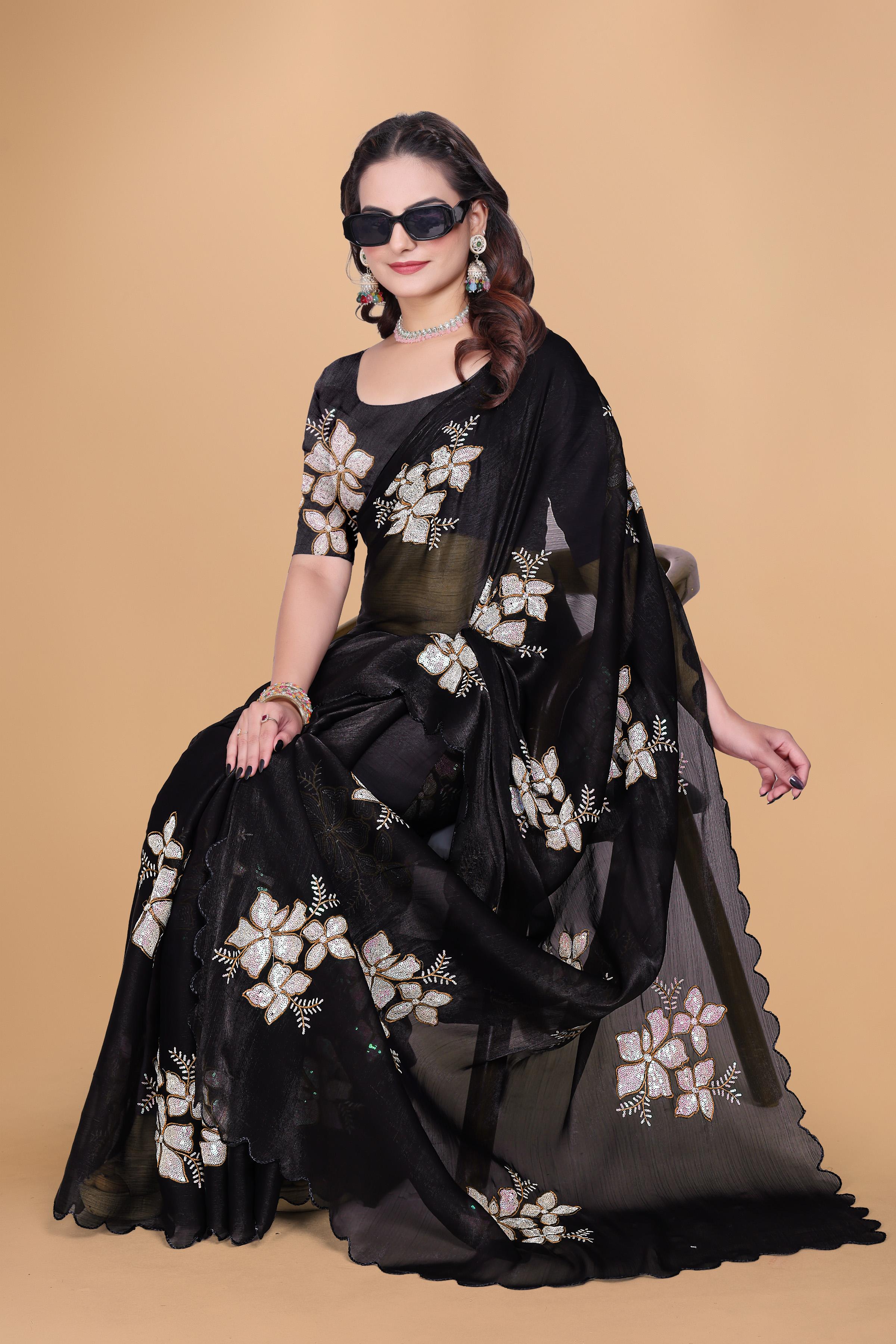 Black Organza Floral Embroidery designer Saree