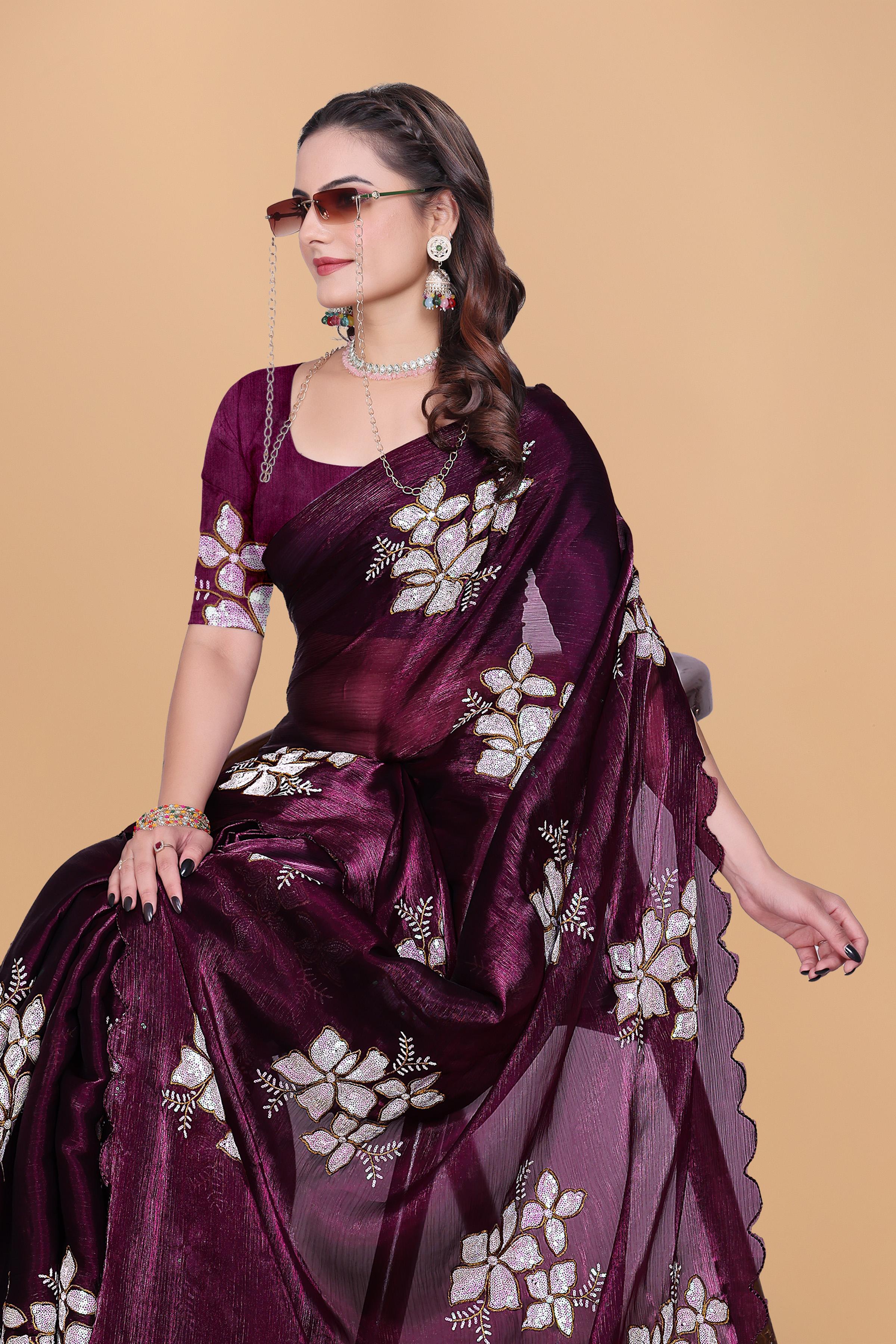 Wine Organza Floral Embroidery designer Saree