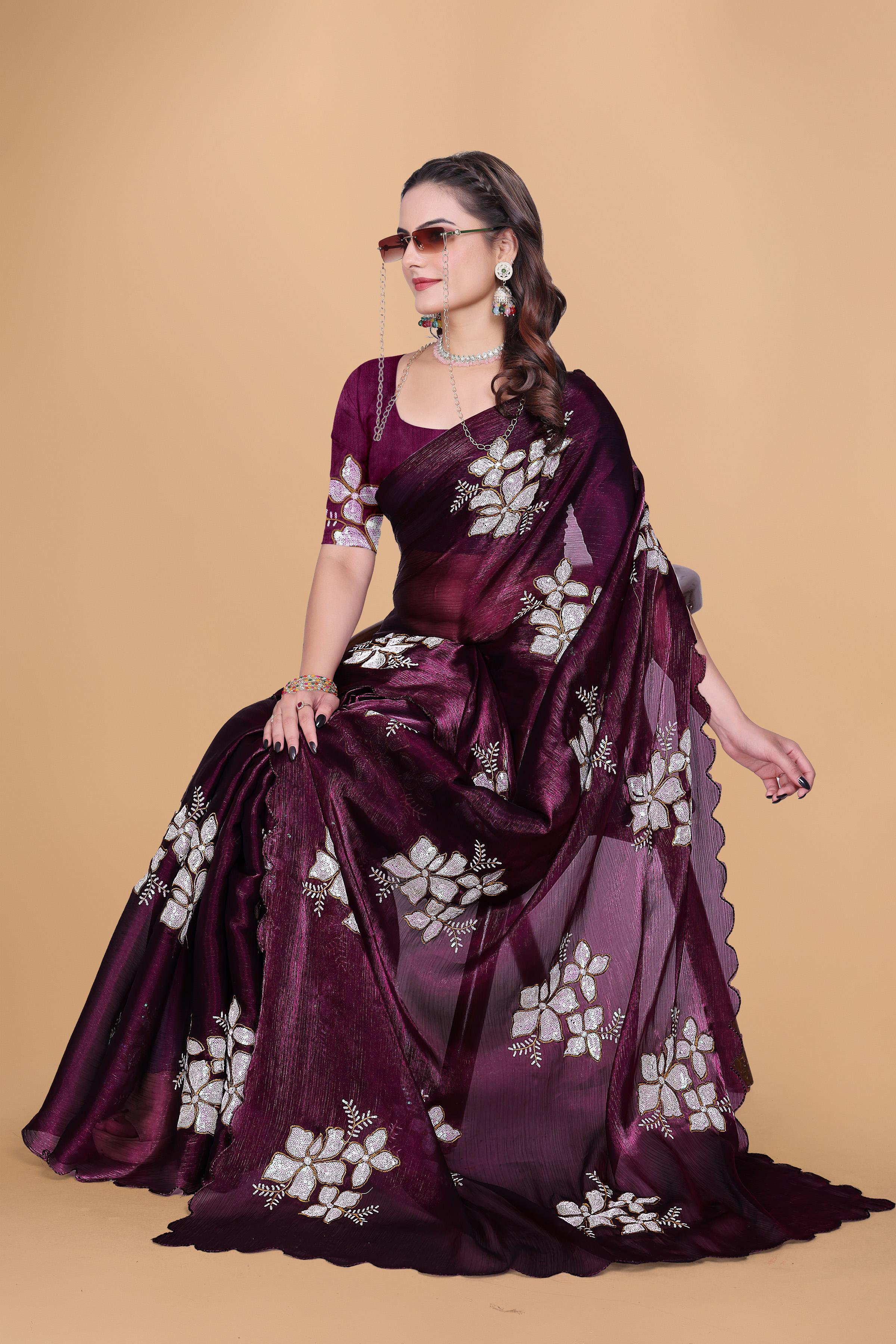Wine Organza Floral Embroidery designer Saree