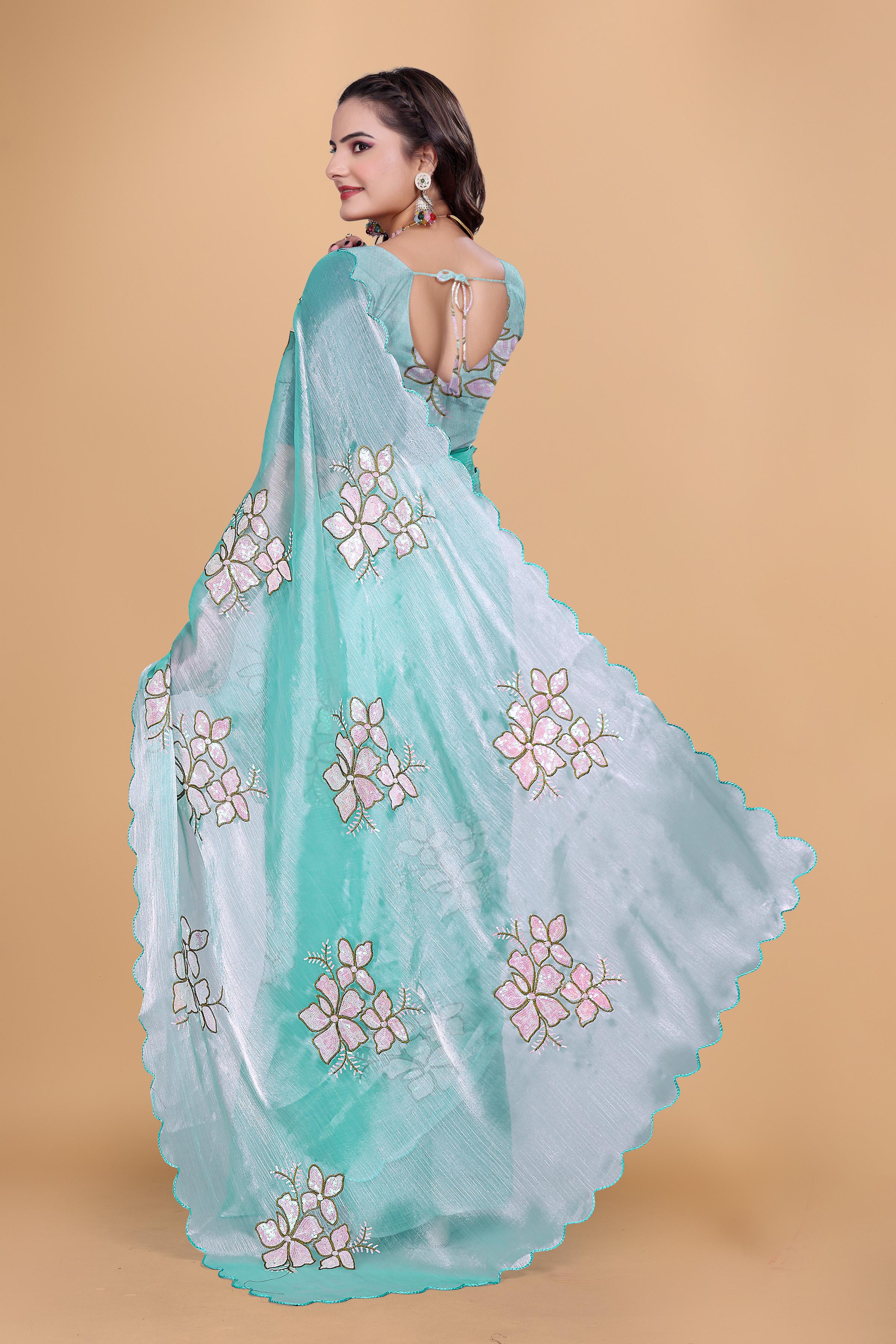 Sea Green Organza Floral Embroidery designer Saree