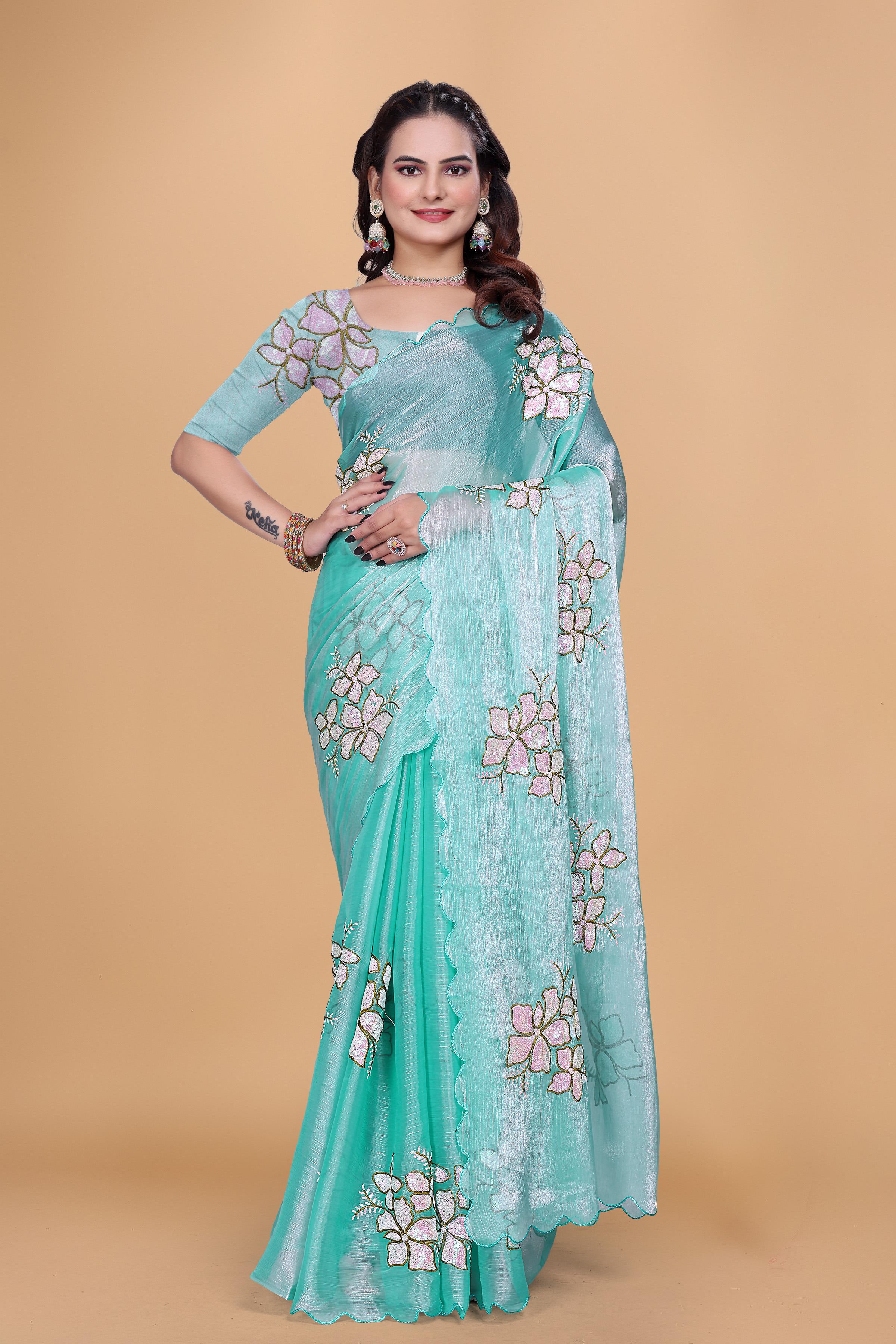 Sea Green Organza Floral Embroidery designer Saree