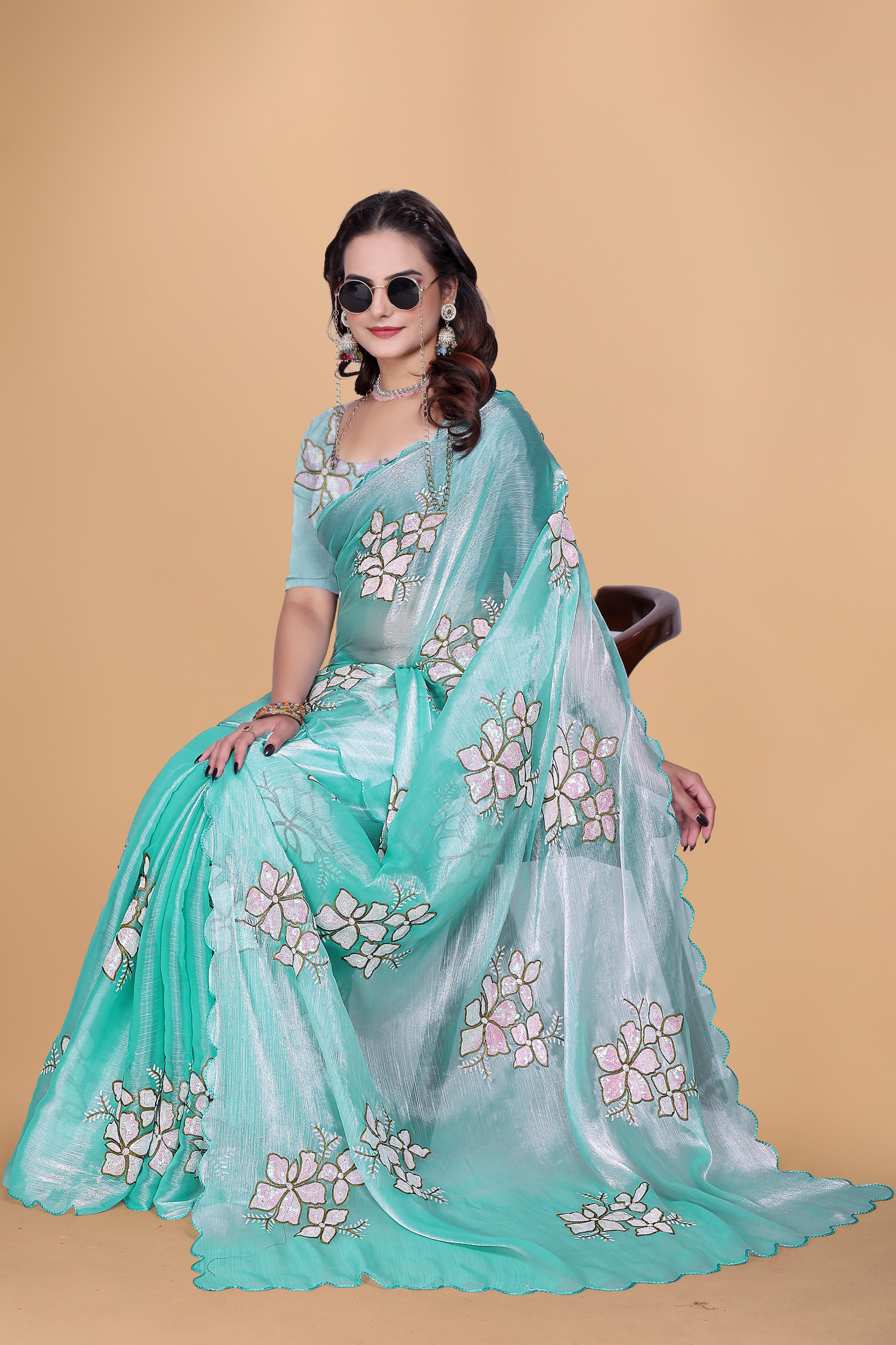 Sea Green Organza Floral Embroidery designer Saree