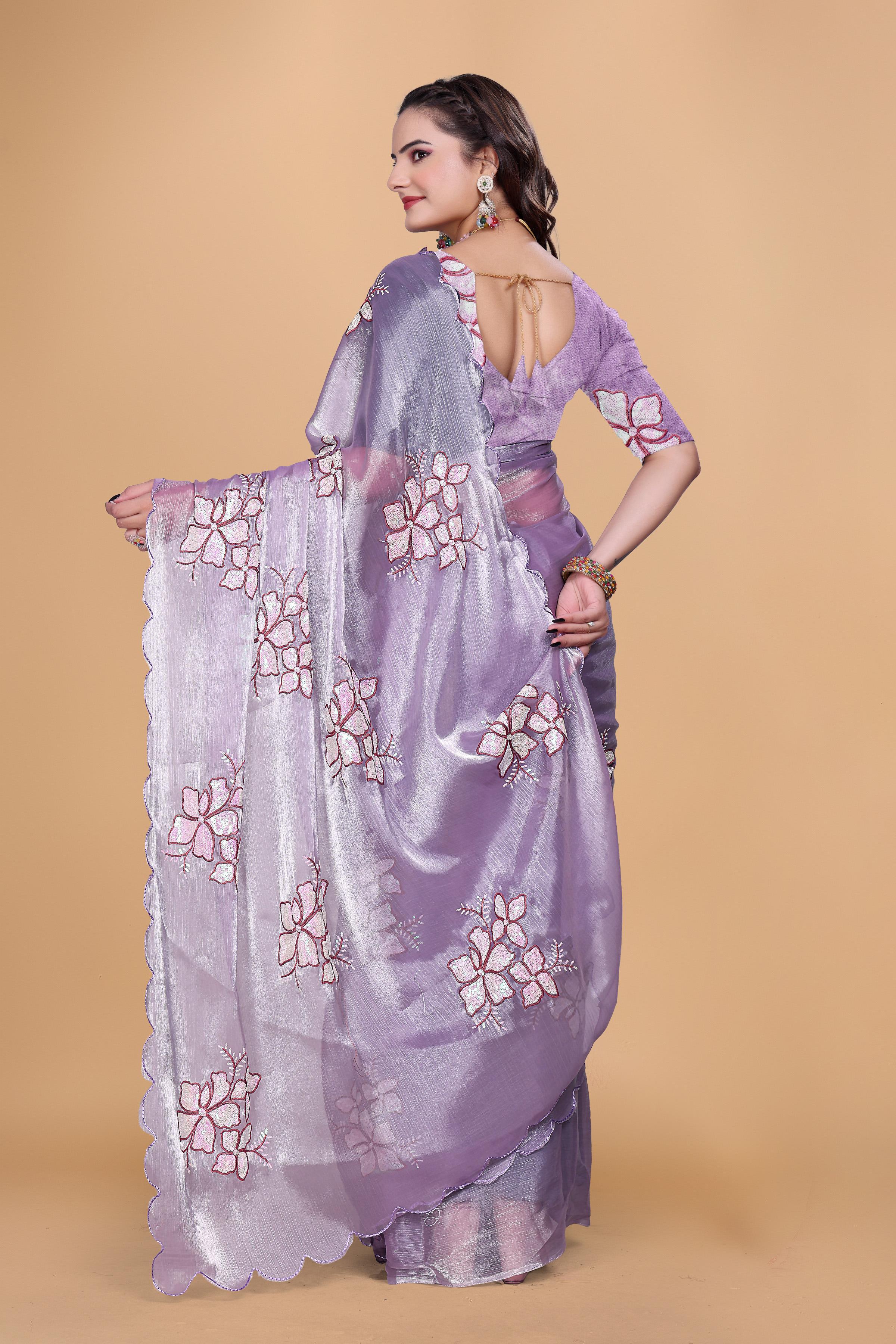Lavender Organza Floral Embroidery designer Saree